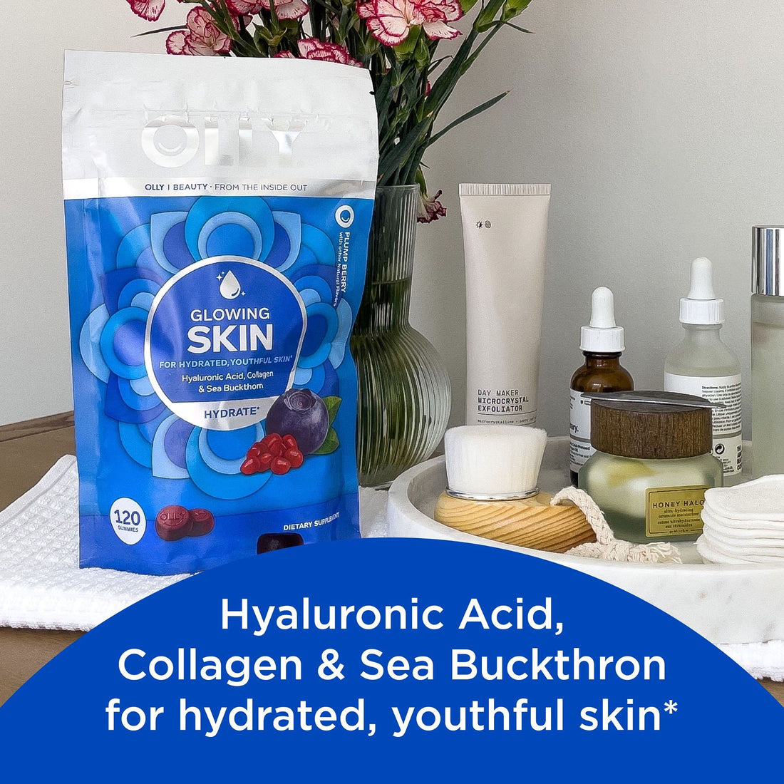 OLLY Glowing Skin Collagen Gummy, Hydrated, Youthful Skin, Hyaluronic Acid, Sea Buckthorn, Chewable Supplement, Berry, 60 Day Supply - 120 Count Pouch (Pack of 6)