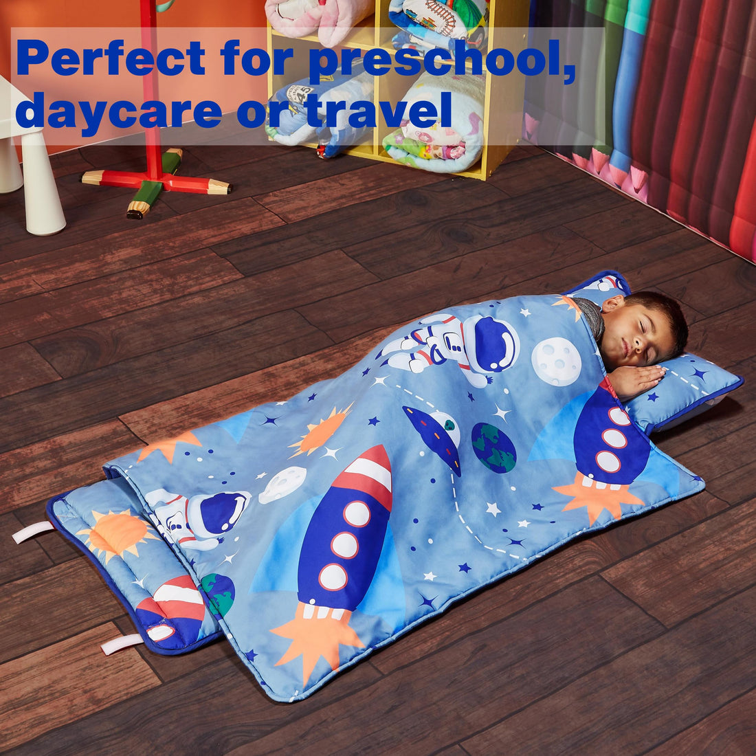 EVERYDAY KIDS Nap Mat w/Removable Pillow -Outer Space Adventures- Carry Handle with Straps Closure, Rollup Design, Soft Microfiber for Preschool, Daycare, Travel Sleeping Bag - Ages 3-6 Years