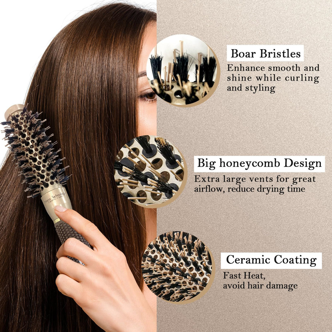 Adofect Nano Technology Thermal Ceramic & lonic Round Barrel Hair Brush with Natural Boar Bristle for Blow Drying, Curling, Styling, Straightening ,1 inch