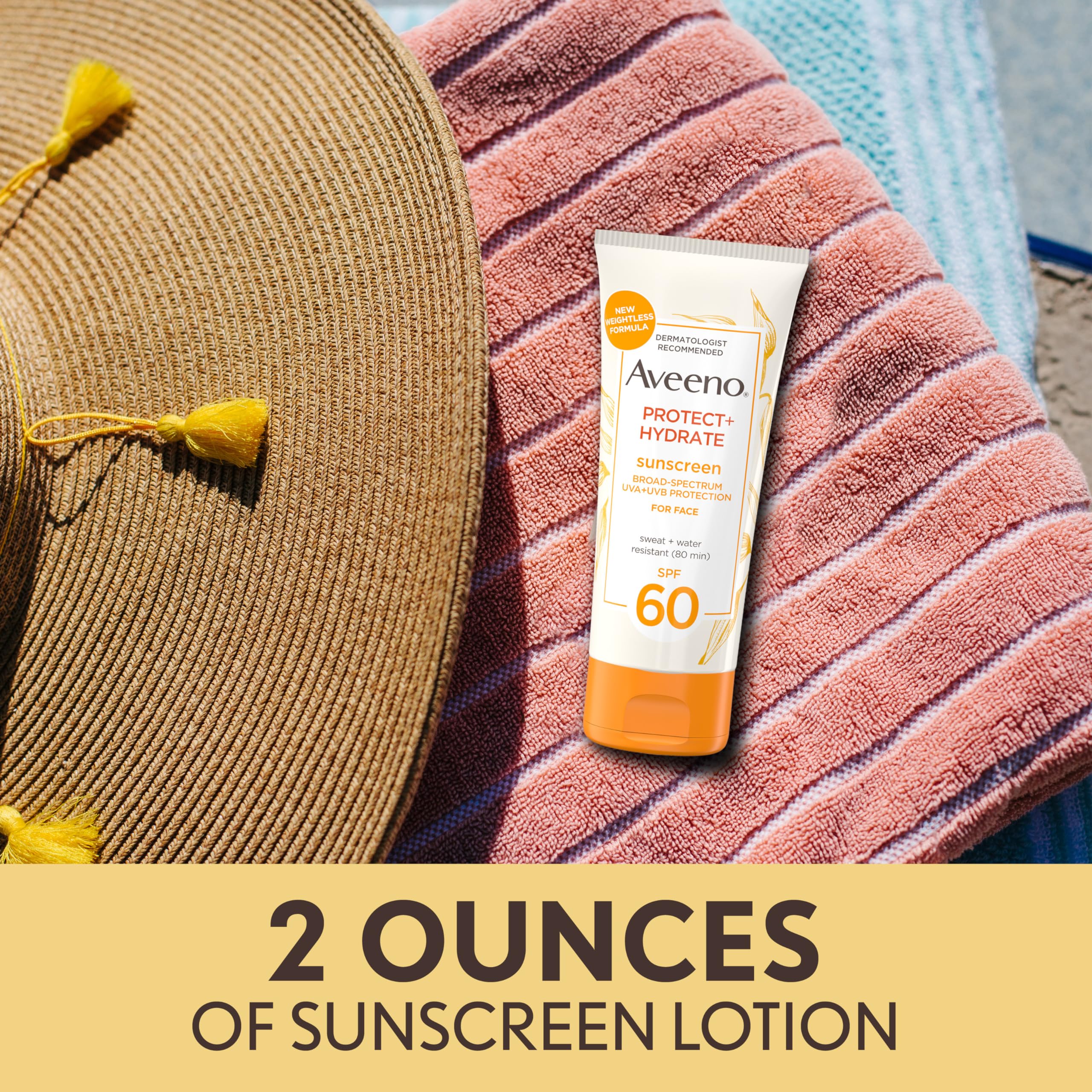 Aveeno Protect + Hydrate Moisturizing Face Sunscreen For Normal Skin Type Lotion With Broad Spectrum Spf 60&Prebiotic Oat,Weightless&Refreshing Feel,Paraben-Free,Oil-Free,Oxybenzone-Free,2.0 Ounces