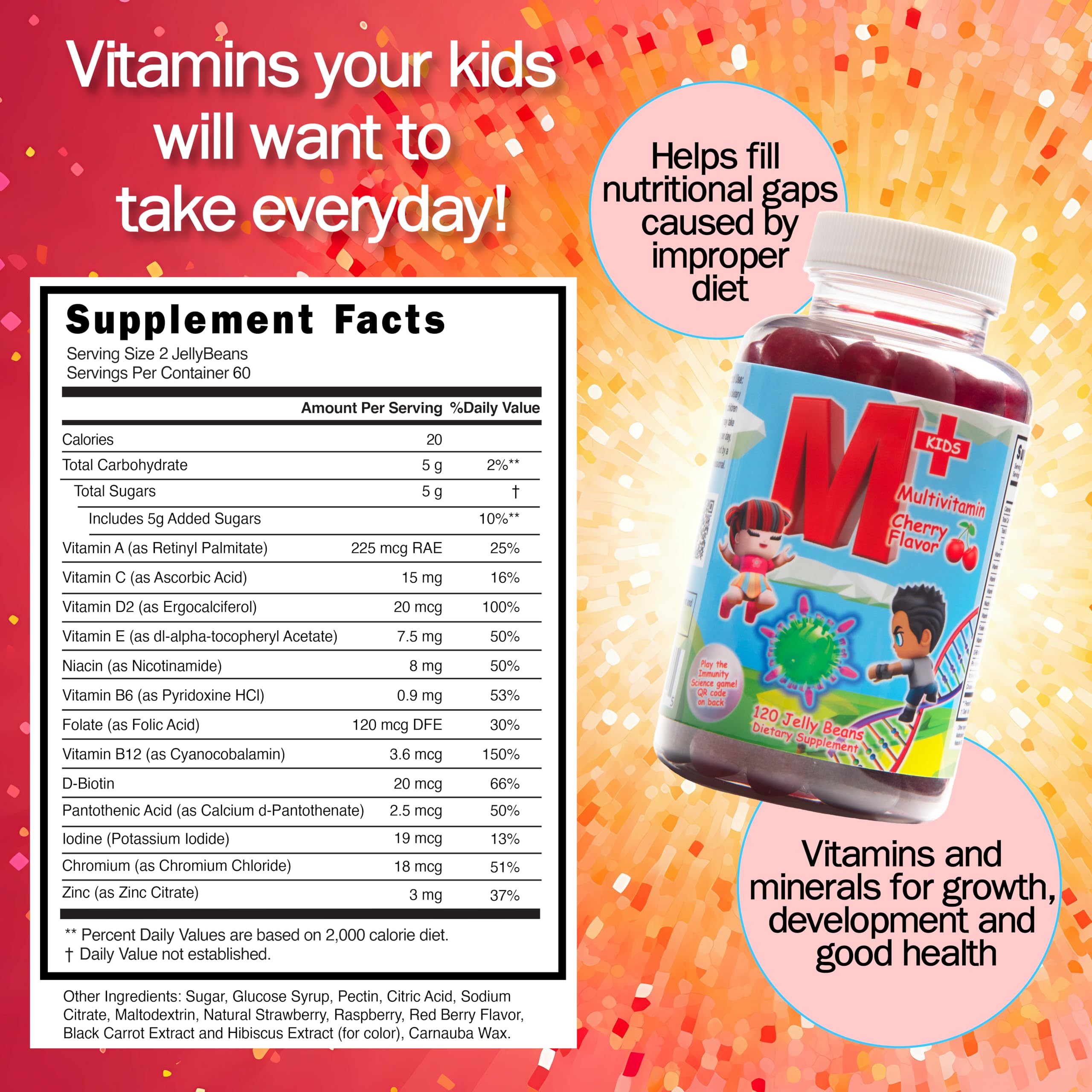 Immunity Science Kids Daily Multivitamin Jellybeans –– Natural Cherry Flavor – Non-GMO – Gluten Free – Vegan Friendly