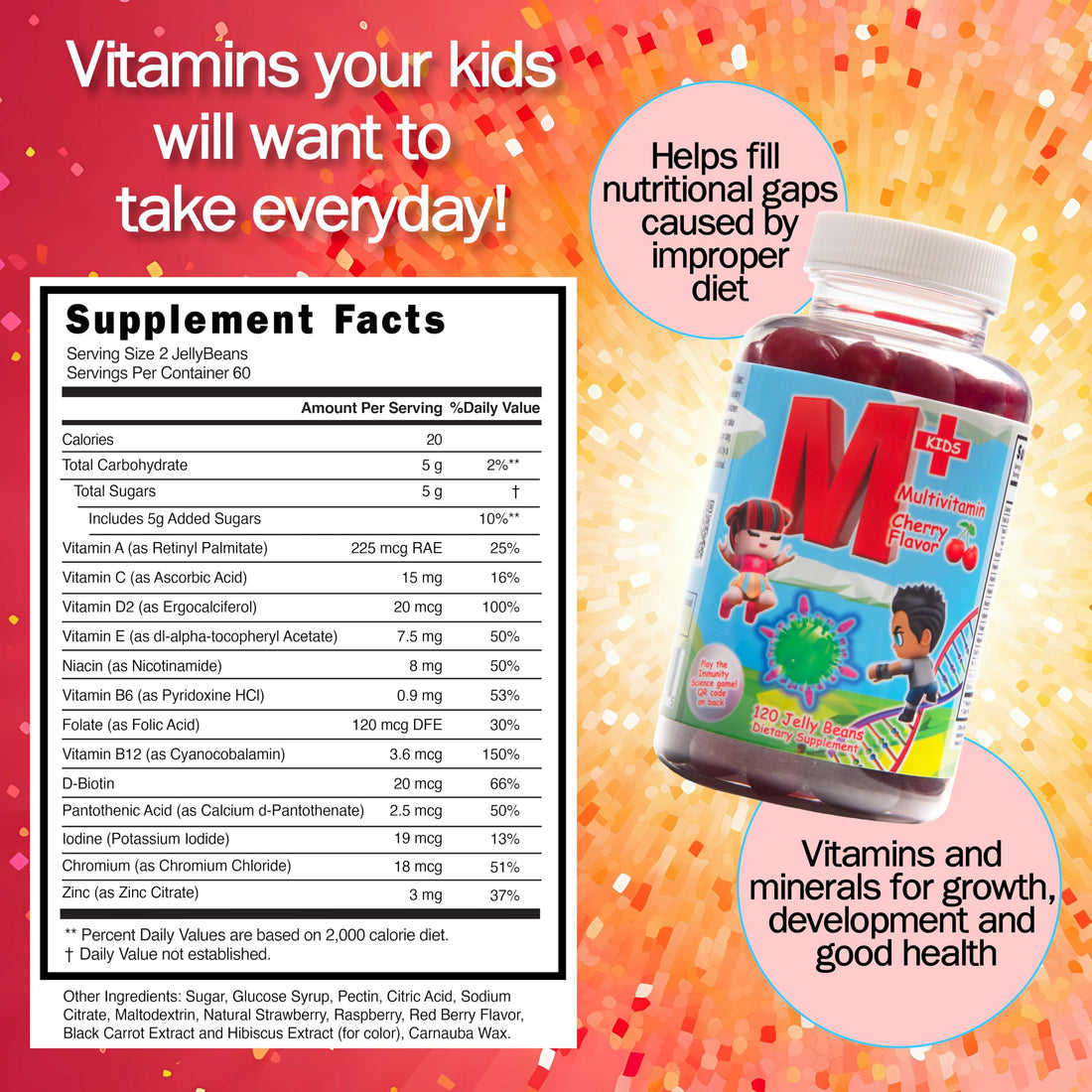 Immunity Science Kids Daily Multivitamin Jellybeans –– Natural Cherry Flavor – Non-GMO – Gluten Free – Vegan Friendly