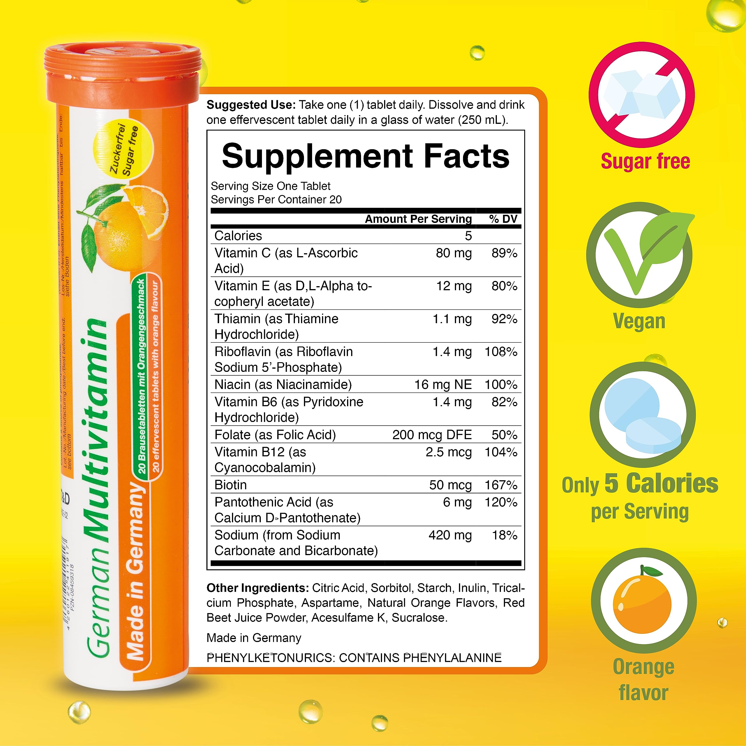 T&D German Multivitamin Drink Effervescnet Tablets 140 Servings Orange Flavour - Vitamin C, E, B1, B2, B6, B12, Biotin, Folic Acid, Niacin, Pantothenic Acid Pharma – Made in Germany