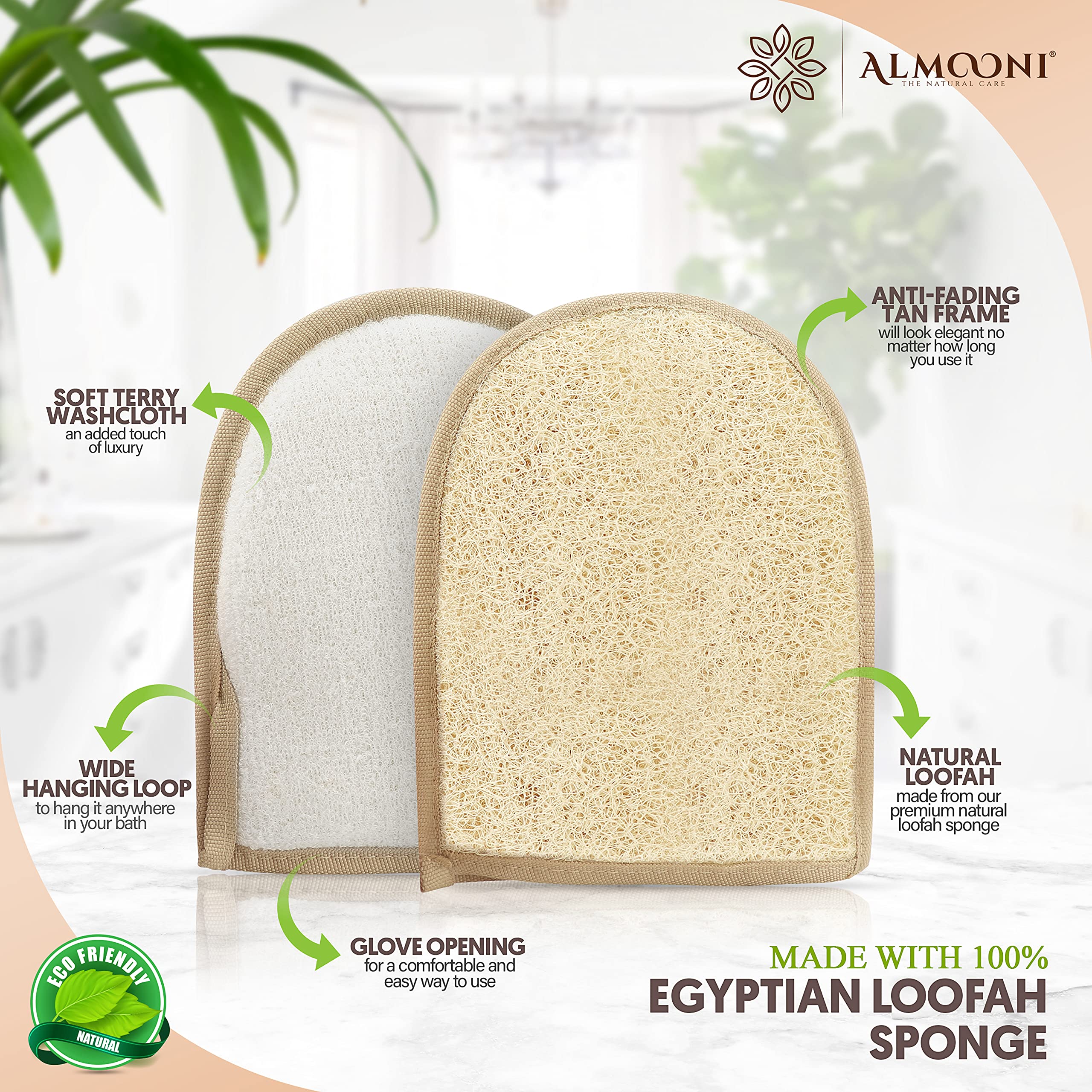 Premium Exfoliating Loofah Glove Pad Body Scrubber. Our Mitt Gloves are Made of Natural Egyptian Shower Loufa Sponge and Soft Cotton Materials (2 Pack)