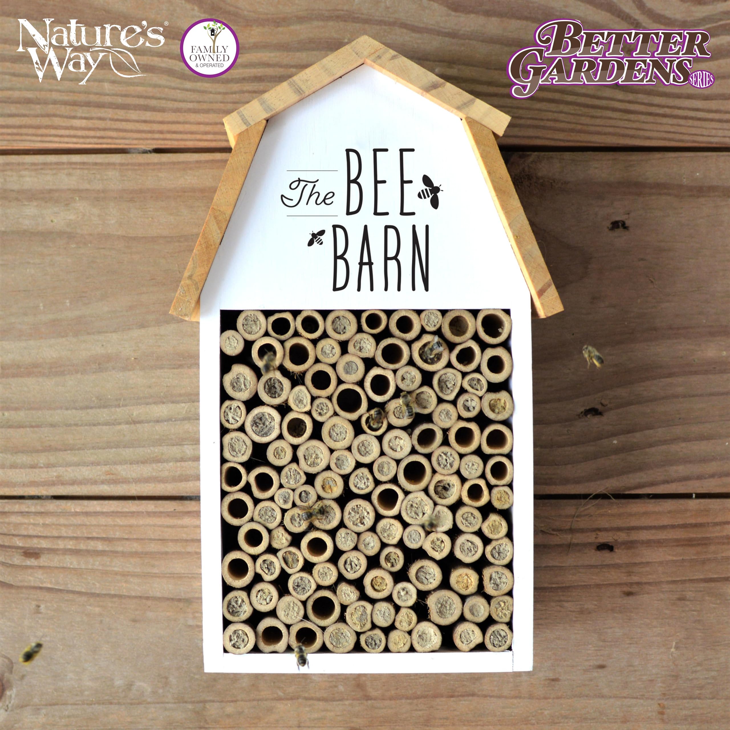 Nature's Way Wooden Bee House for Outdoor Décor, Beneficial Insects and Pollinators, Mason Bee, Leafcutter Bee, White