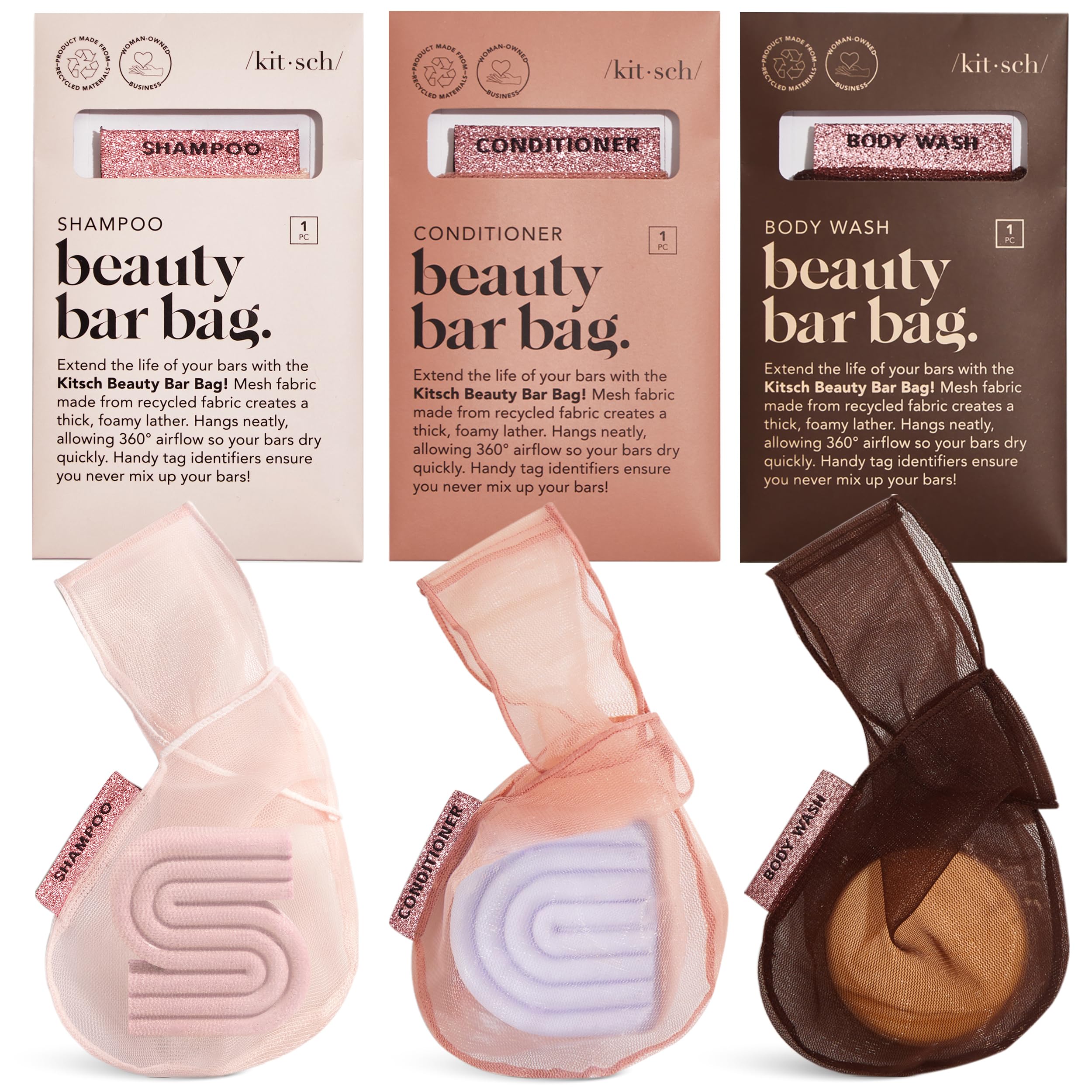 Kitsch Bar Soap Saver Bag – Recycled Mesh Beauty Bar Pouch for Body Wash, Conditioner & Shampoo Bars, Holder to Preserve Soap, Eco-Friendly, Patented Bag, 3pc Set - Blush, Terracotta & Chocolate