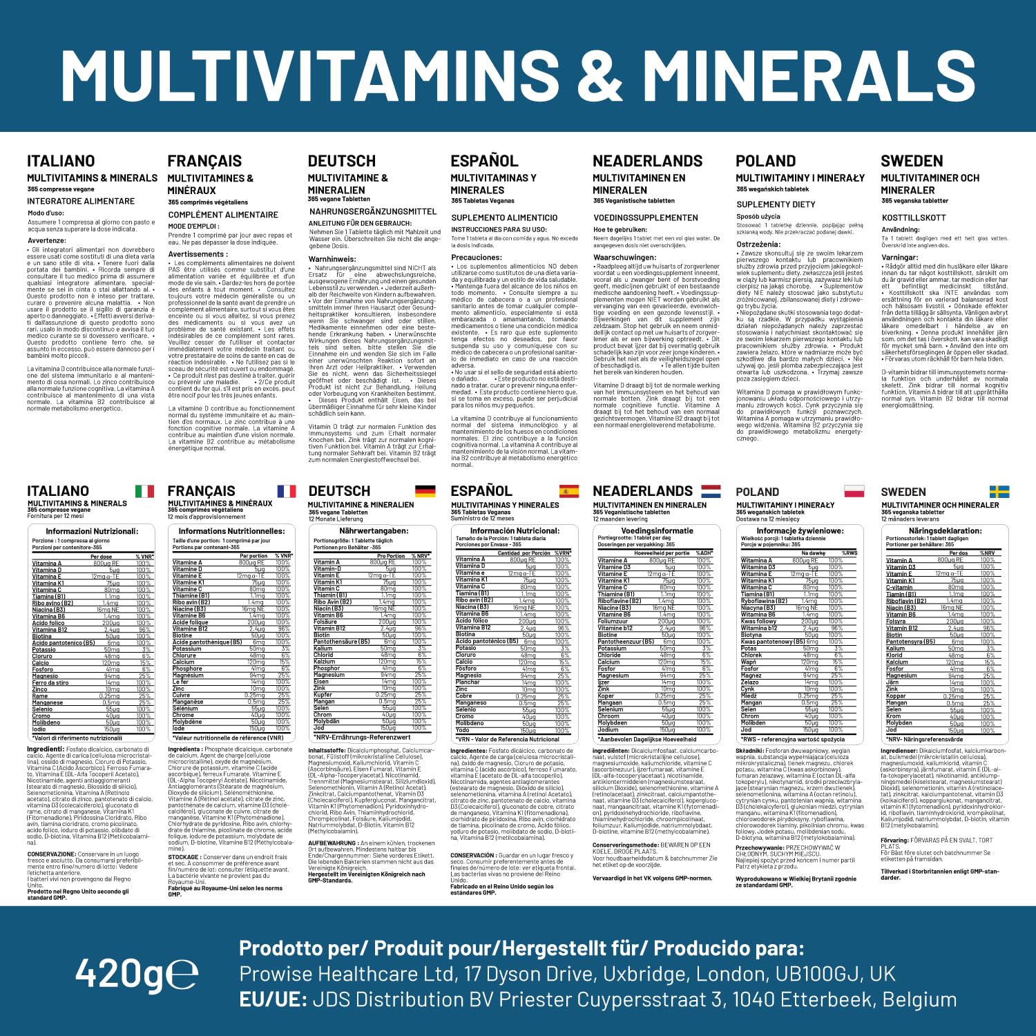A-Z Multivitamins & Minerals I 365 Vegan Tablets (1 Year Supply) I 26 Essential Active Vitamins, Minerals & Micronutrients for Men and Women I Made in The UK by Prowise Healthcare