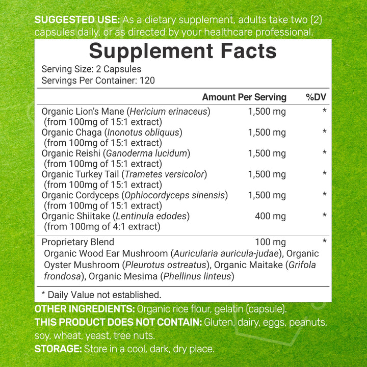 Organic 10-in-1 Mushroom Supplement 8,000mg Per Serving, 240 Capsules – Lions Mane, Turkey Tail, Reishi, Cordyceps & More Mushroom Complex – Immune, Energy & Nootropic Brain Support – Non-GMO
