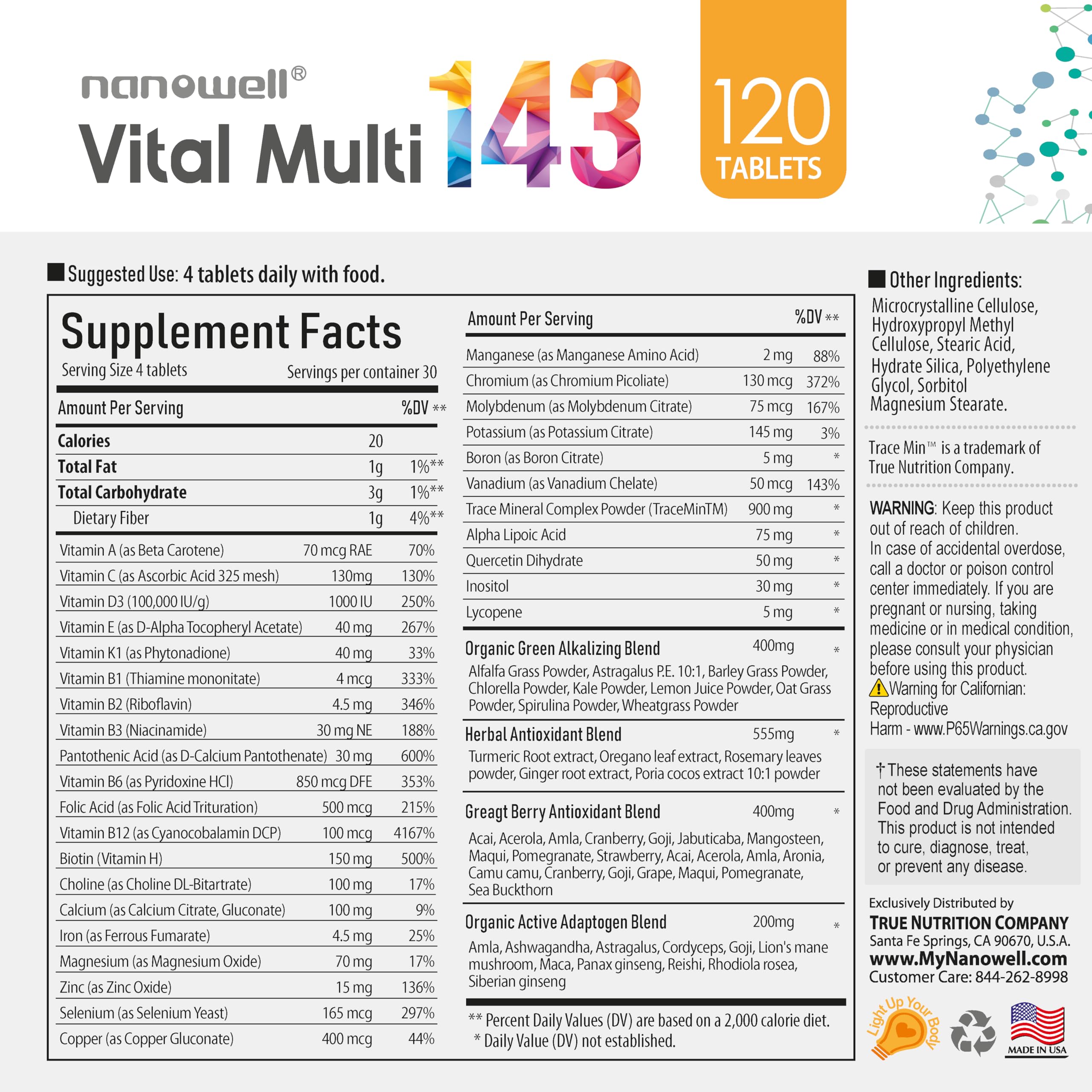 NANOWELL Vital Multi 143 - Multivitamin & Multimineral Supplement with 20 Vitamins and 72 Minerals,143 Ingredients Total - 120 Tablets, 30 Day Supply