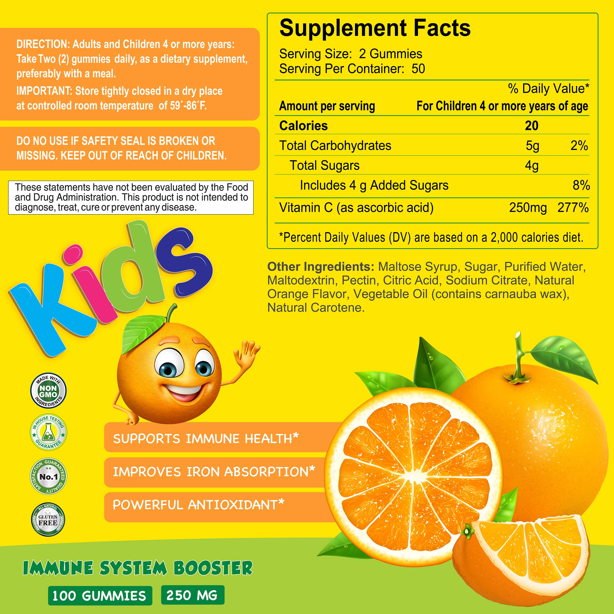 ALFA VITAMINS Vitamin C Gummies for Kids with 250mg, immune system support, daily antioxidant for kids, natural orange flavor - 100 Gummies