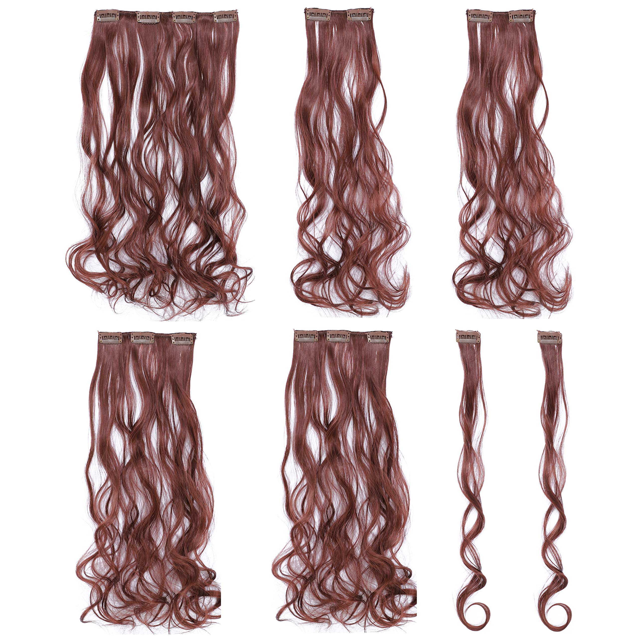 Dark Auburn-33# : SWACC Women 20 Inches Curly Full Head 7 Separate Pieces Heat Resistance Synthetic Hair Clip in Hair Extensions (Dark Auburn-33#)