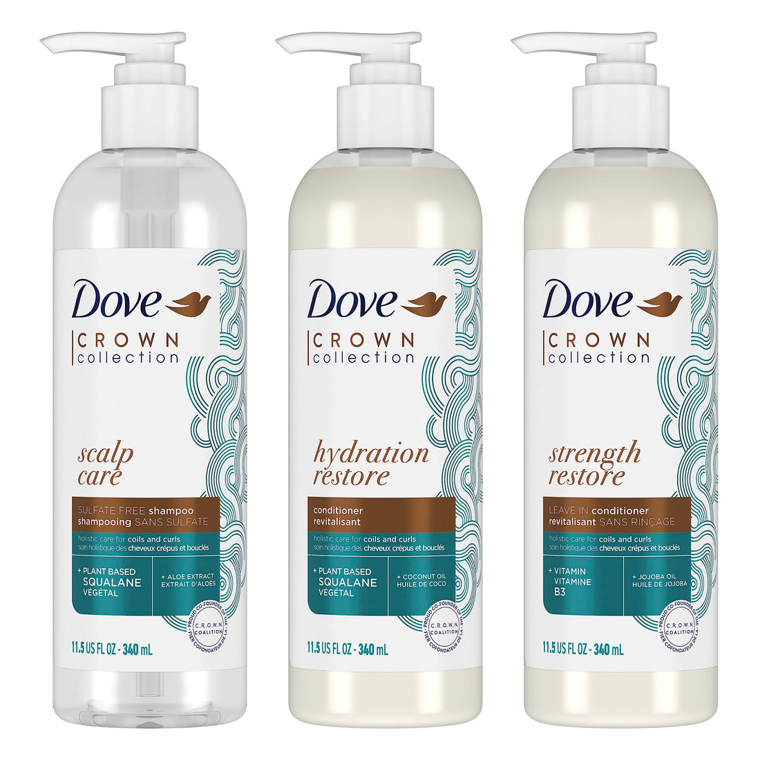 Dove Amplified Textures Shampoo, Conditioner, Leave-In Conditioner for Coils, Curls and Waves with Coconut Milk, Aloe, and Jojoba Moisture Amplifying Blend 11.5 oz 3 Count