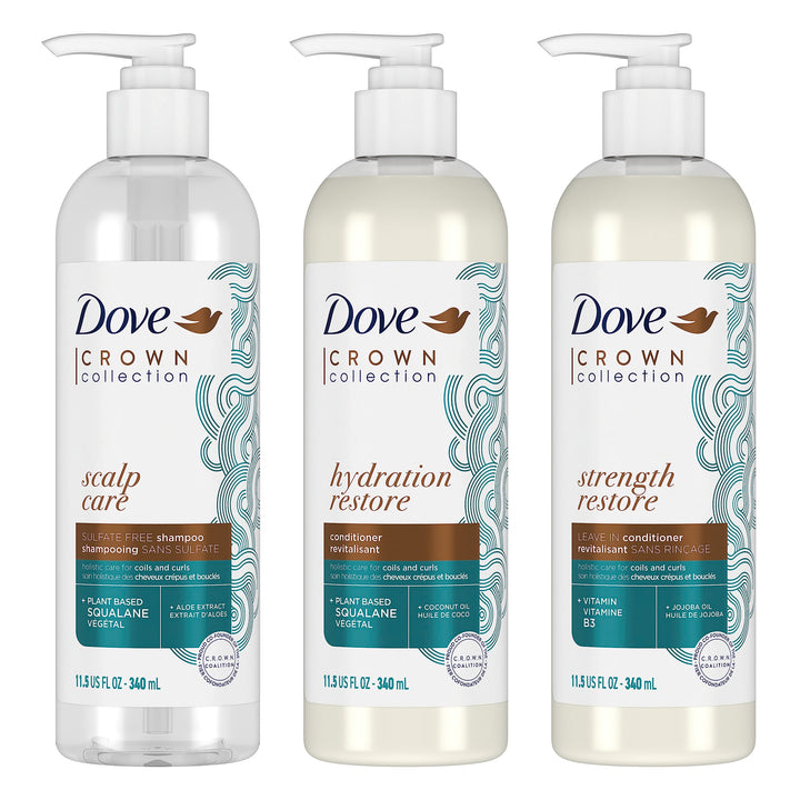 Dove Amplified Textures Shampoo, Conditioner, Leave-In Conditioner for Coils, Curls and Waves with Coconut Milk, Aloe, and Jojoba Moisture Amplifying Blend 11.5 oz 3 Count