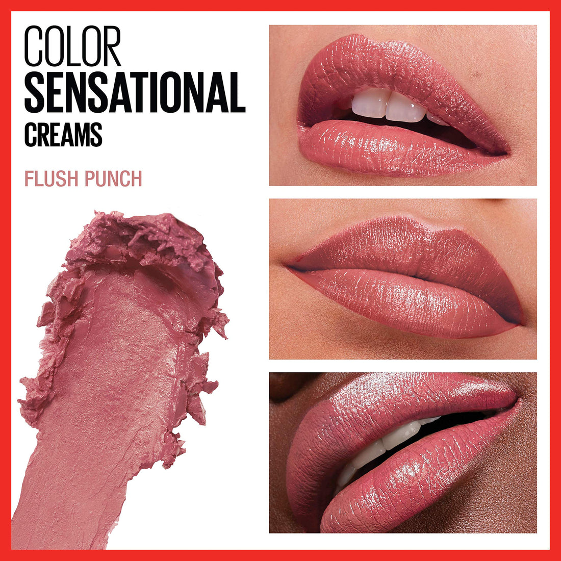 Maybelline Color Sensational Lipstick, Lip Makeup, Cream Finish, Hydrating Lipstick, Flush Punch, Nude Pink 0.15 oz (Pack of 2)