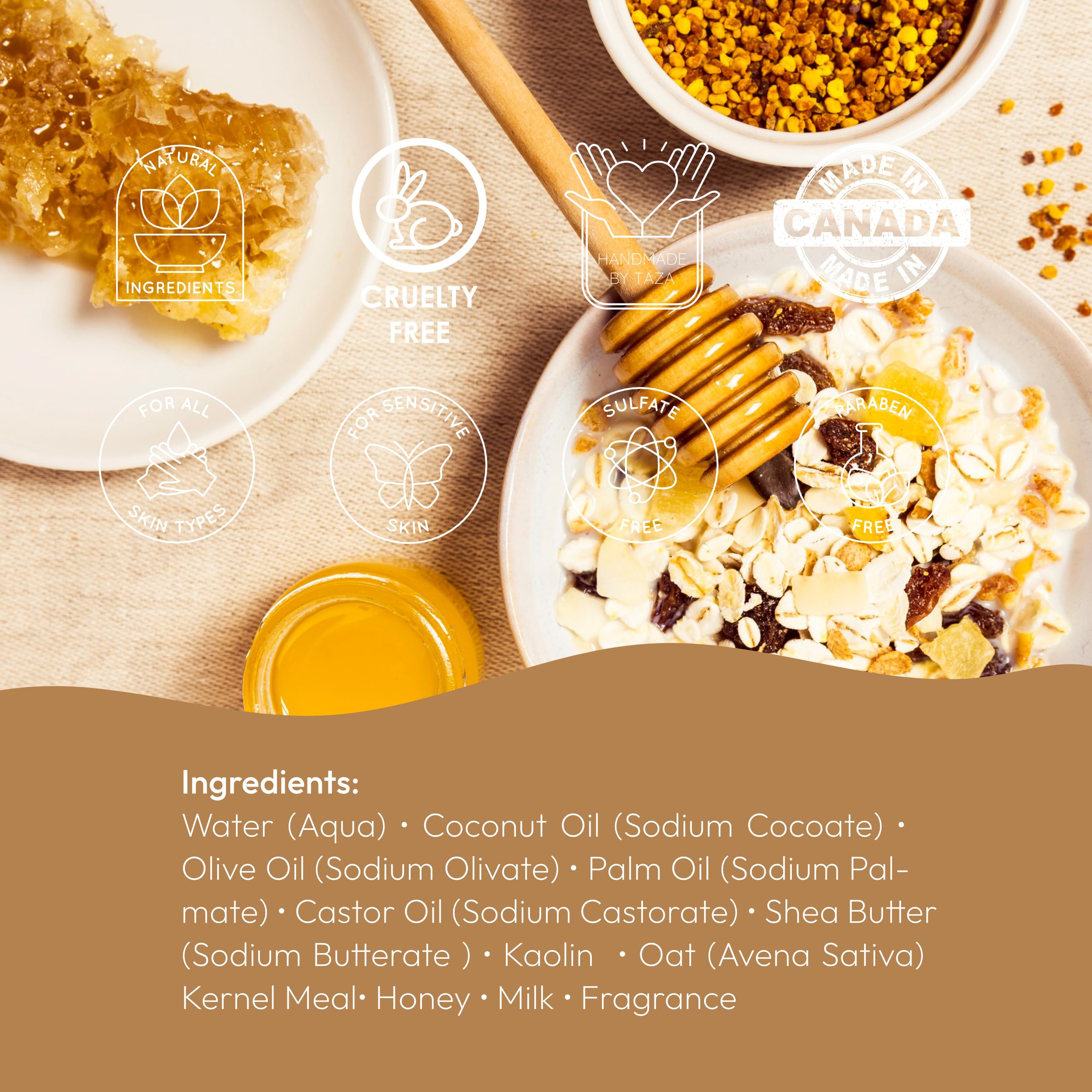 Taza Premium Oatmeal Milk & Honey Natural Soap (Pack of 3) ea. 5.3 oz (150 g) Radiant Skin Contains: Coconut, Olive, and Palm Fruit Oils, Shea Butter, Kaolin Clay, Oats, Honey, Goats Milk