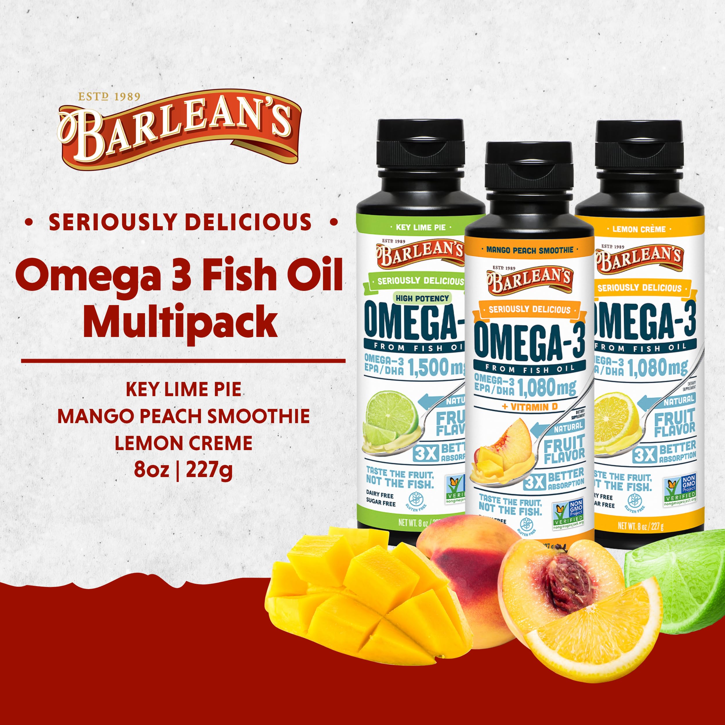 Barlean's Omega 3 Fish Oil Liquid Supplement Pack of 3, EPA and DHA Fatty Acid, Smoothie Flavored for Brain, Joint, and Heart Health, Includes Key Lime Pie, Lemon Crème and Mango Peach Flavors, 8 oz