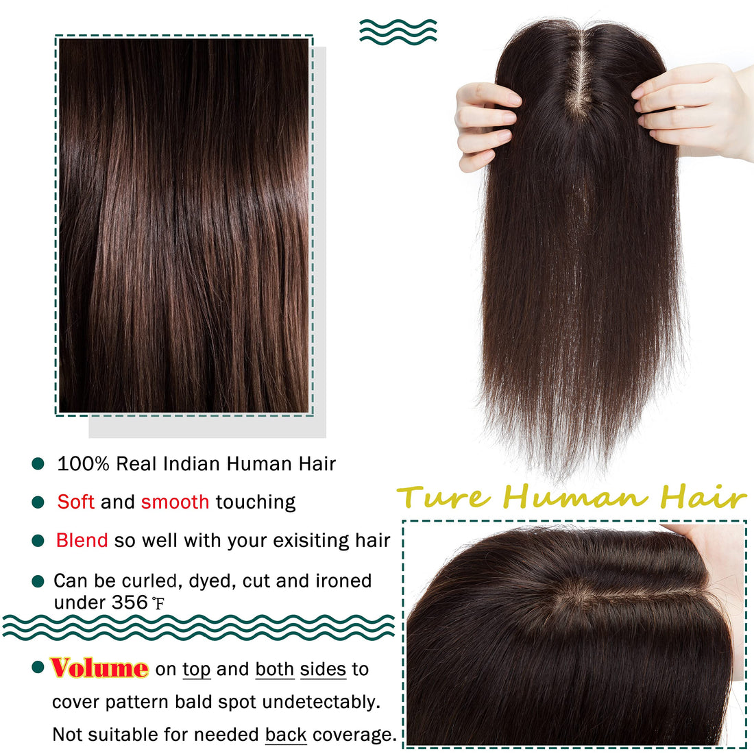 S-noilite 12 Human Hair Crown Toppers Hand Made Silk Base Clip in Top Hair Pieces 120% Density Han Tied Lace Mesh Wiglet Toupee Long Replacement Top Hairpieces For Hair Loss 40g #2 Dark Brown