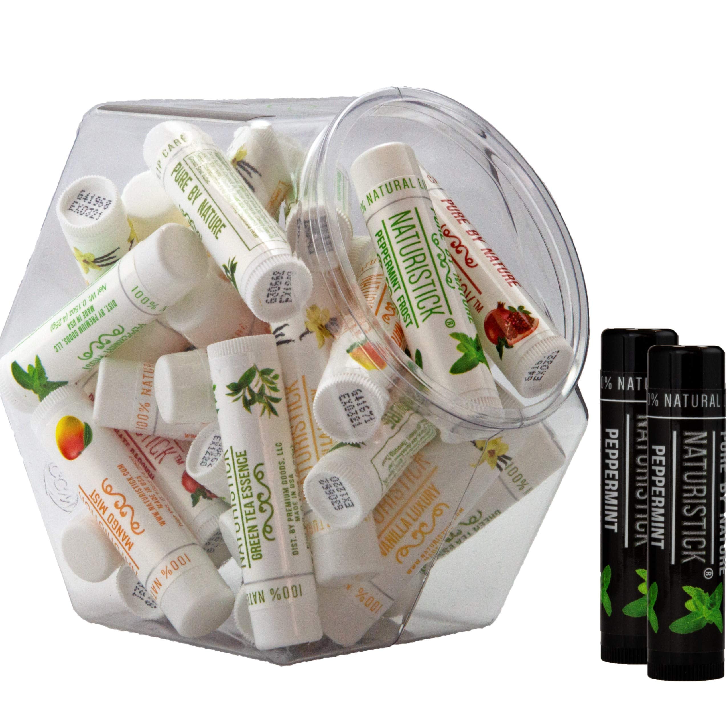 32 Pack Bulk All-Natural Lip Balms in Mini-Fishbowl by Naturistick, Best Chapstick for Dry, Chapped Lips, 4 Soothing Flavors with Aloe Vera, Vitamin E, Coconut Oil for Men, Women and Kids, Made in USA