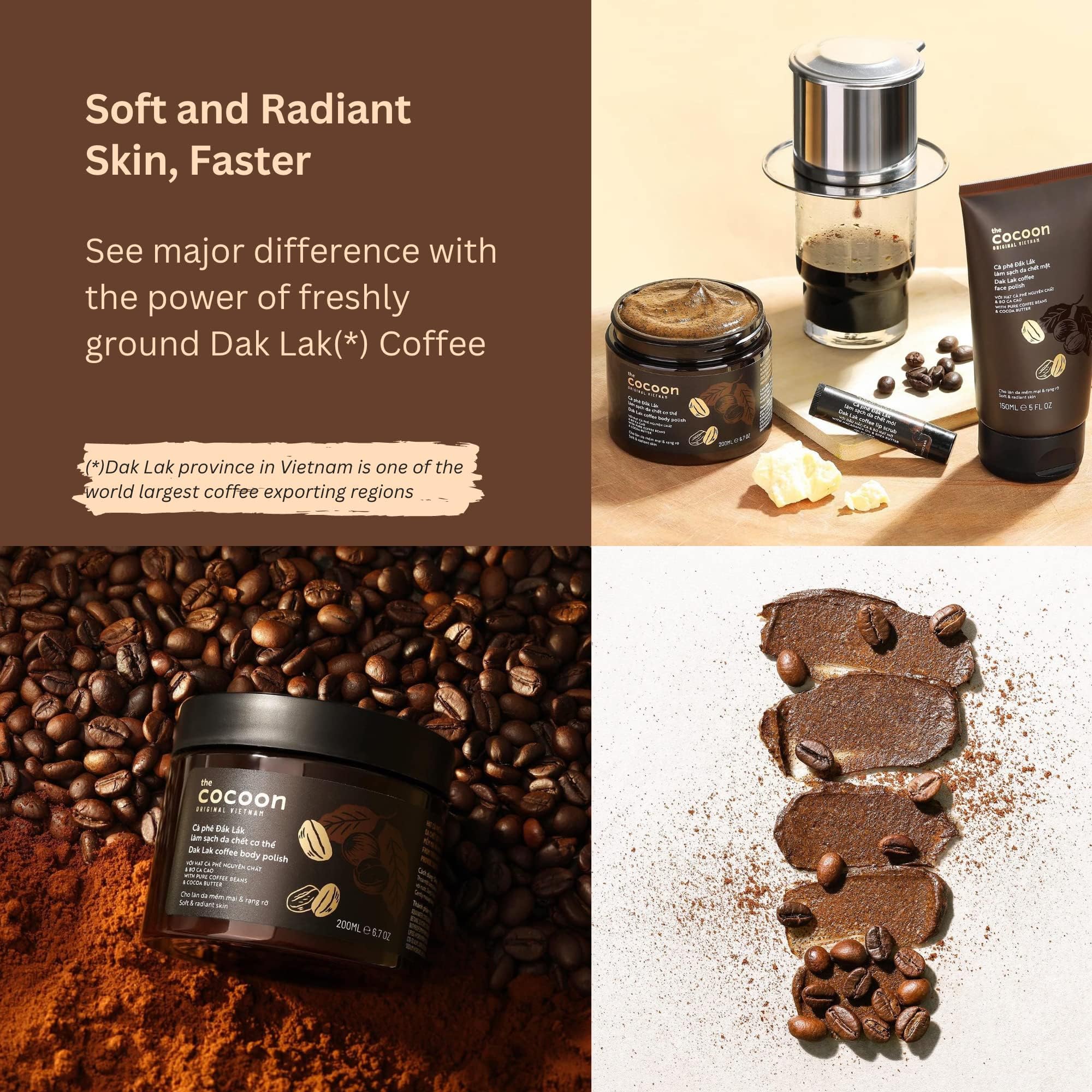 Cocoon Dak Lak Coffee Body Polish with Coconut & Shea Butter. 100% Vegan Exfoliating Scrub for Smooth & Glowing Skins | Reduce Stretch Marks, Acne & Cellulite | Gift for Coffee Lovers (6.76 fl oz)