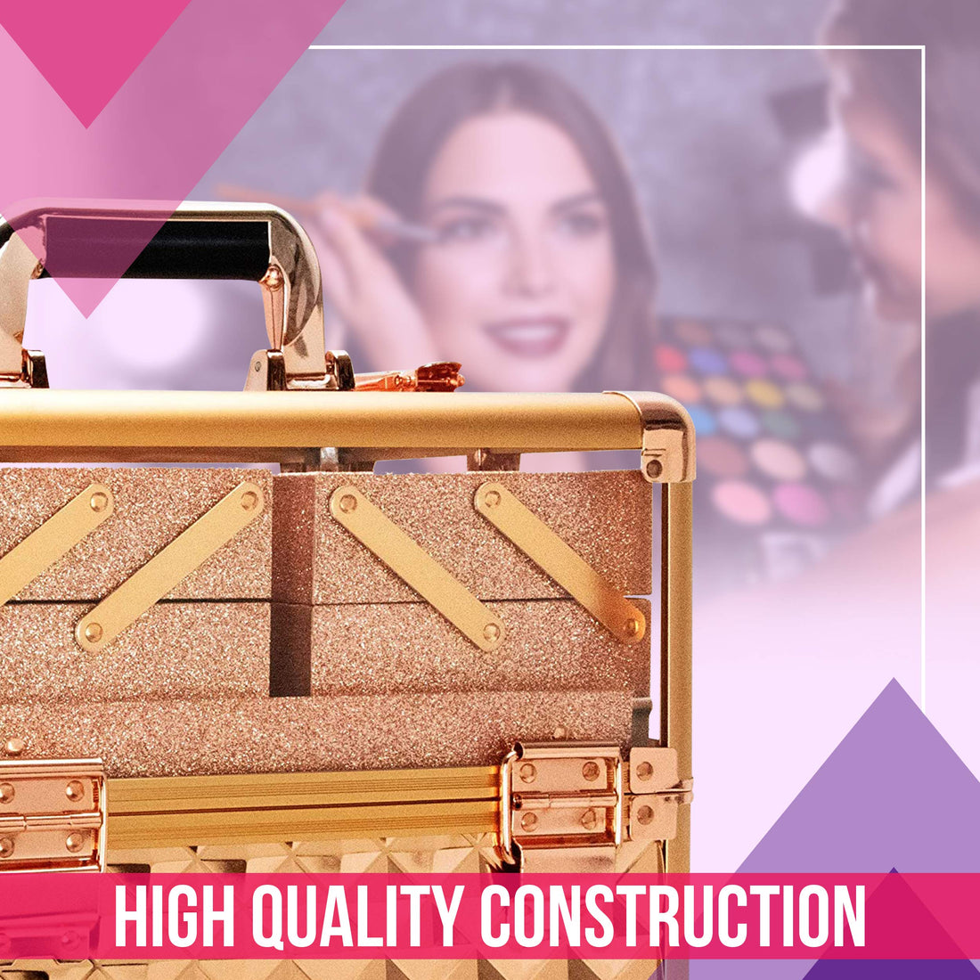 Ver Beauty 3.8mm armored acrylic makeup case jewelry portable travel organizer with 4 extendable trays clear cover micro-fiber cloth brush holders keylocks - vp017, Rose Gold Diamond