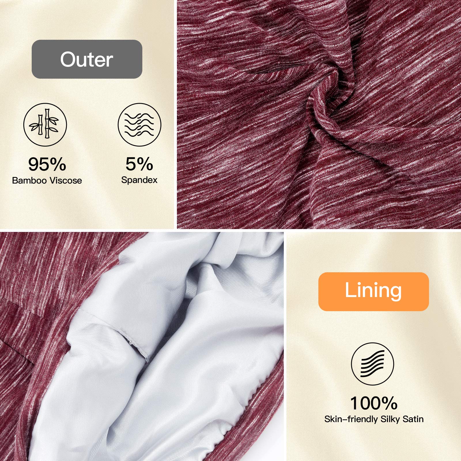 Silk Satin Lined Bonnet Sleep Cap - Adjustable Stay on All Night Hair Wrap Cover Slouchy Beanie for Curly Hair Protection for Women and Men - Heather Burgundy