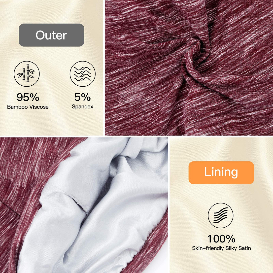 Silk Satin Lined Bonnet Sleep Cap - Adjustable Stay on All Night Hair Wrap Cover Slouchy Beanie for Curly Hair Protection for Women and Men - Heather Burgundy