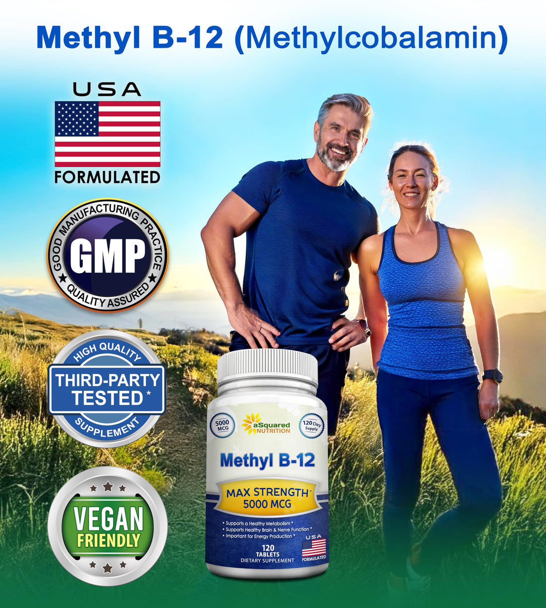 aSquared Nutrition Vitamin B12-5000 MCG Supplement with Methylcobalamin (Methyl B-12) - Max Strength Vitamin B 12 Support to Help Boost Natural Energy, Benefit Brain & Heart Function - 120 Tablets