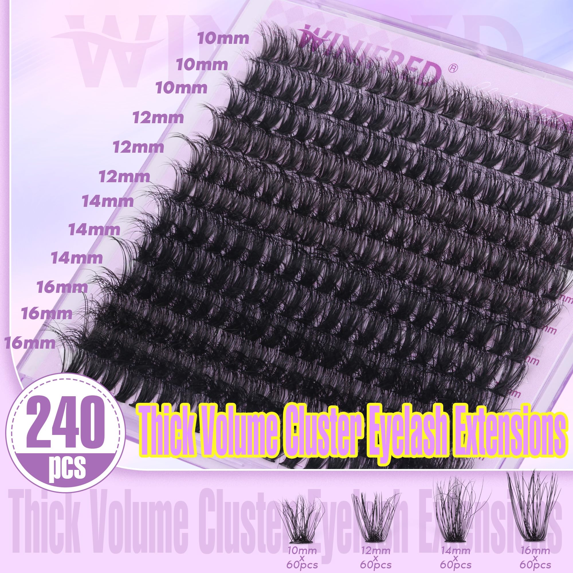 Winifred Cluster Eyelash Extensions Wispy Lash Clusters Thick Volume Individual Lashes 50D Lash Extension D Curvature Eyelash Clusters 16mm DIY Faux Mink Eyelash Extension (240pcs)