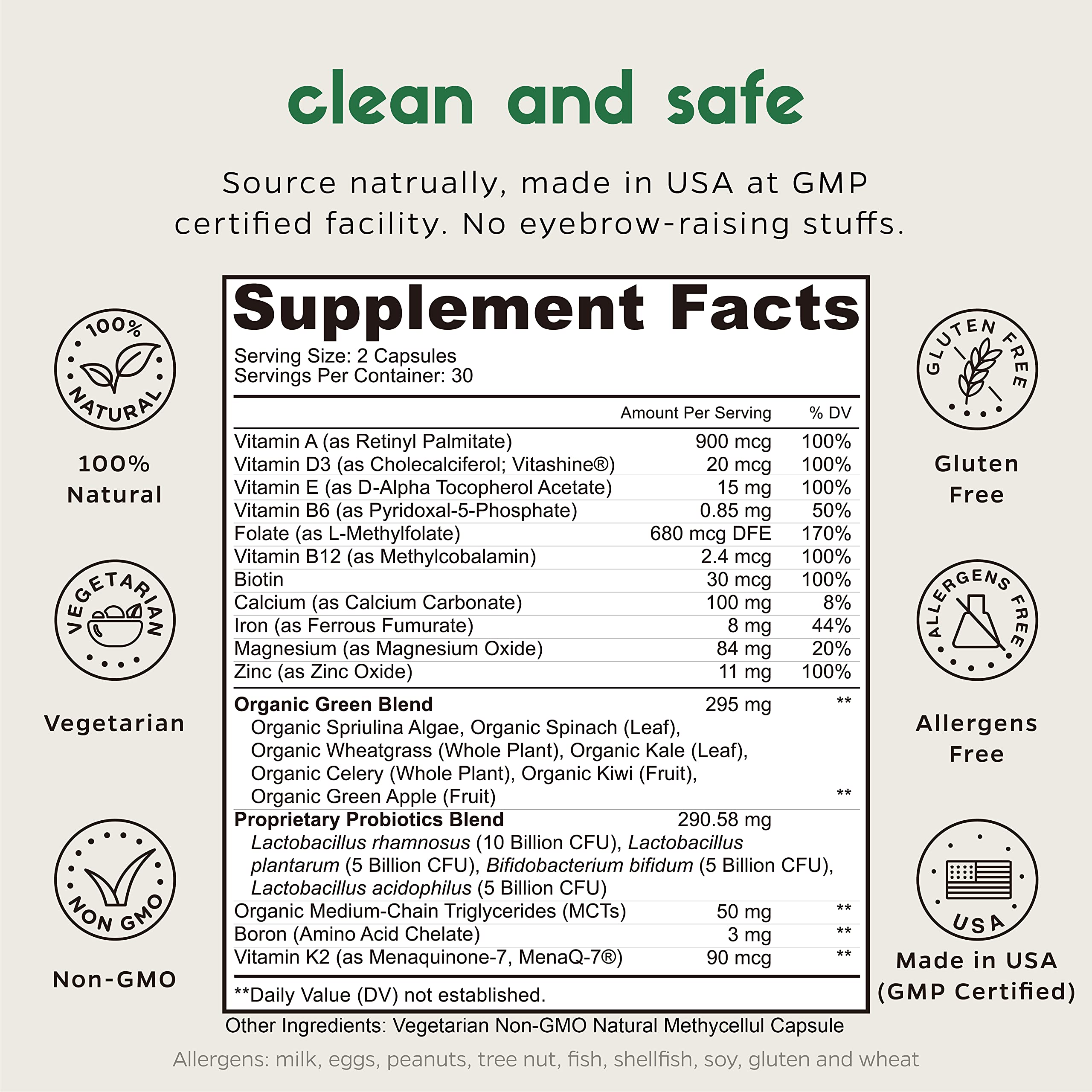 Zenkgo Women's Vitamins + Probiotics 25B CFU + Organic Whole Foods, Supports Immunity, Digestion, Energy, Daily Vitamins A, E, B6, B12, Vegan D3, K2 (MK-7), Folate, Minerals, Superfoods(60Ct/30Day)