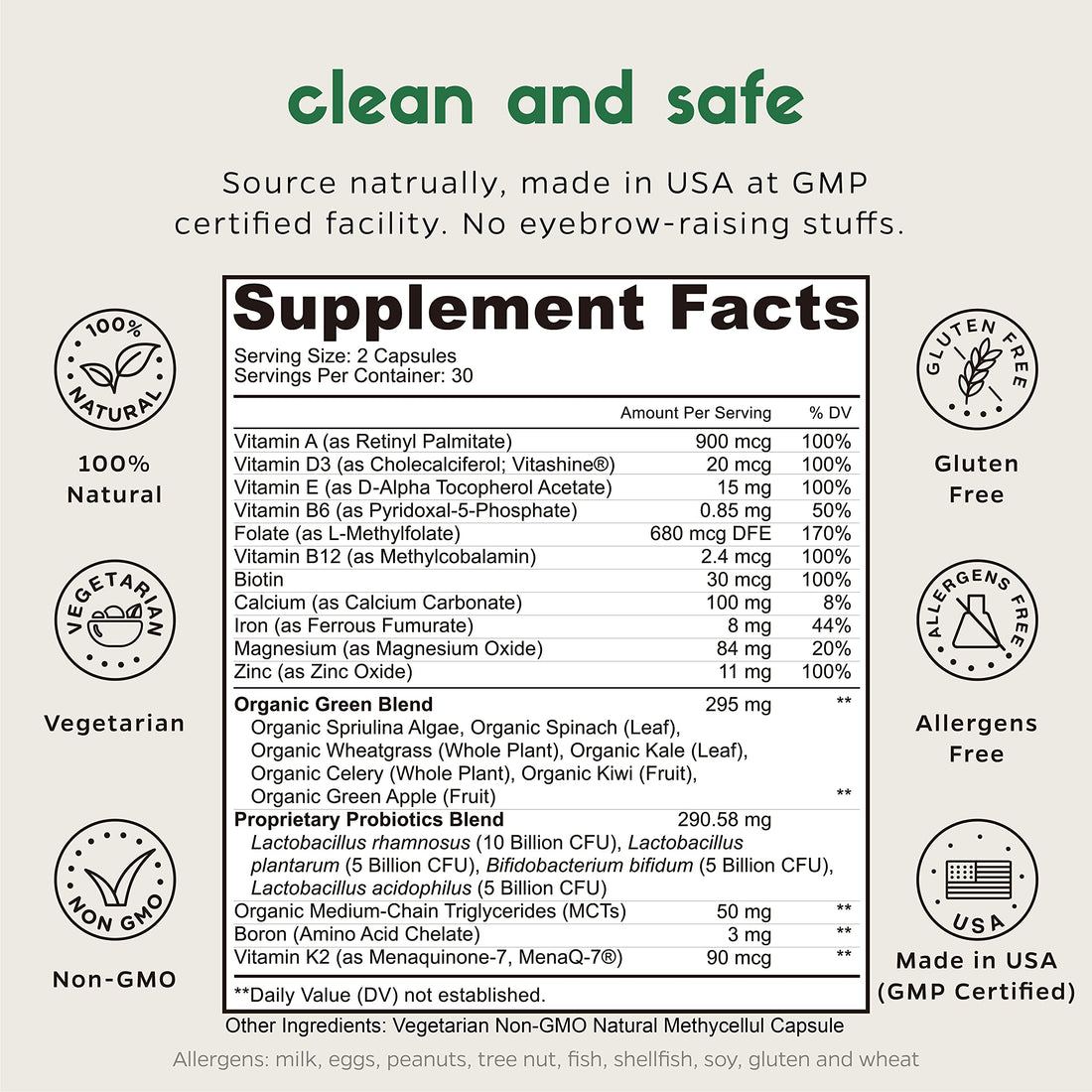 Zenkgo Women's Vitamins + Probiotics 25B CFU + Organic Whole Foods, Supports Immunity, Digestion, Energy, Daily Vitamins A, E, B6, B12, Vegan D3, K2 (MK-7), Folate, Minerals, Superfoods(60Ct/30Day)