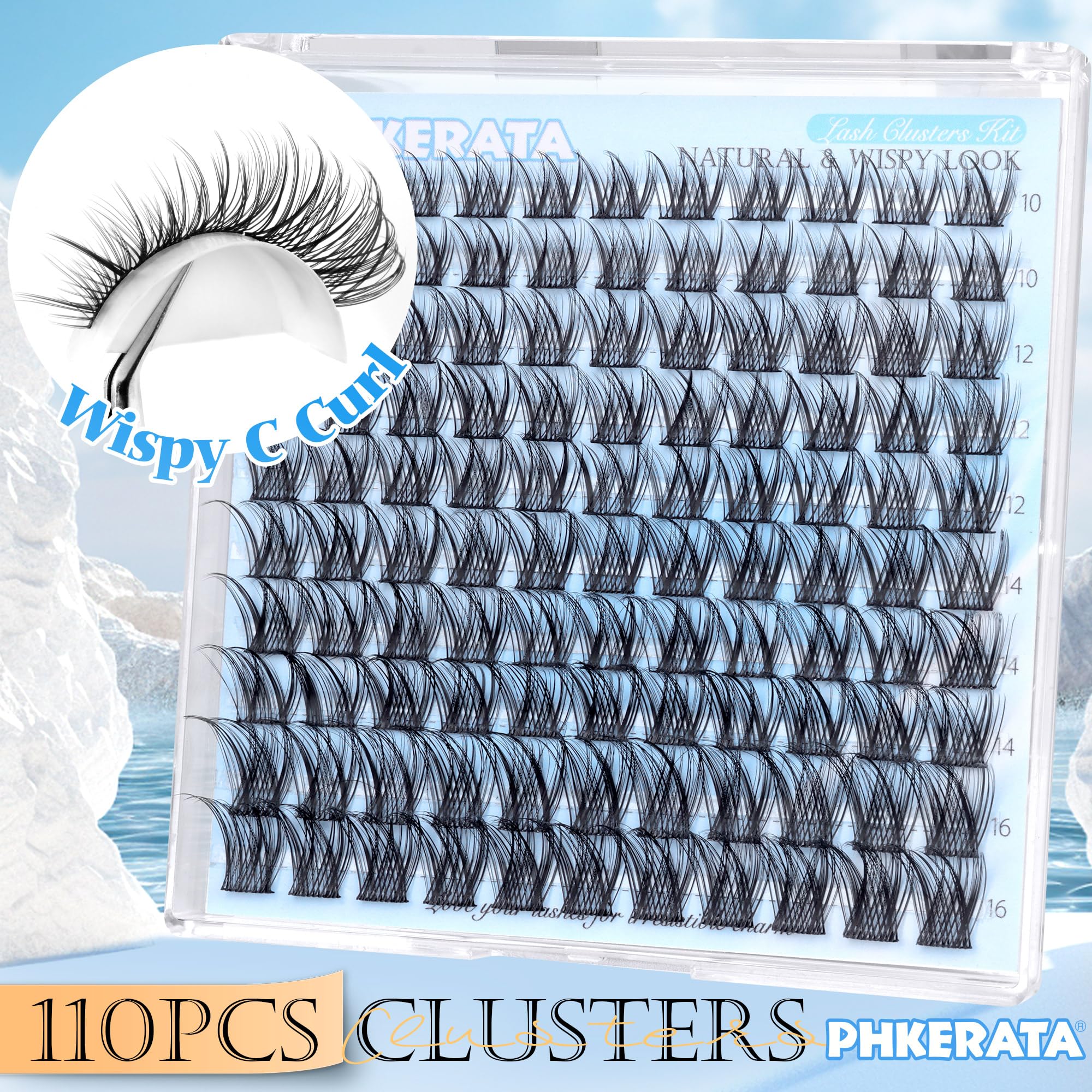 PHKERATA Natural Lash Clusters Wispy Eyelash Clusters 110 pcs Cluster Eyelash Extensions C Curvature Individual Lashes 10-16 mm Mix Length Natural Look Lashes Clusters with Thin Lash Band