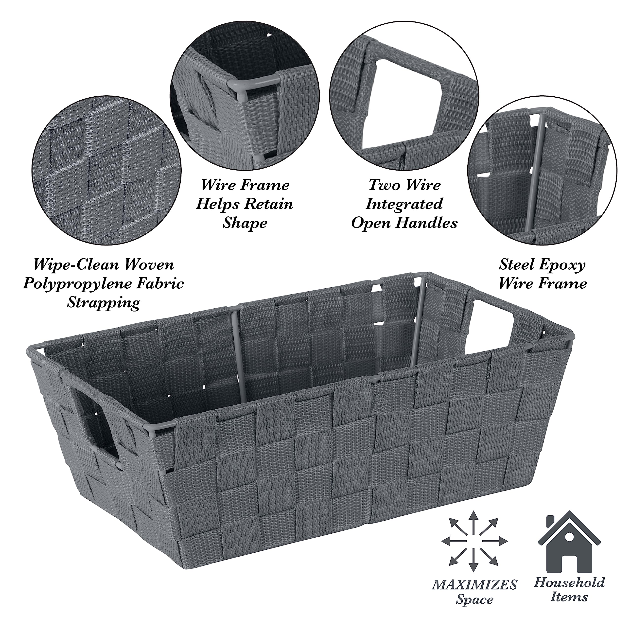 Simplify Small Shelf Woven Strap Tote | Decorative Storage Basket | Built in Handles | Organization | Closet | Bedroom | Bathroom | Nursery | Accessories | Toys | Gifts | 4 Pack | Grey