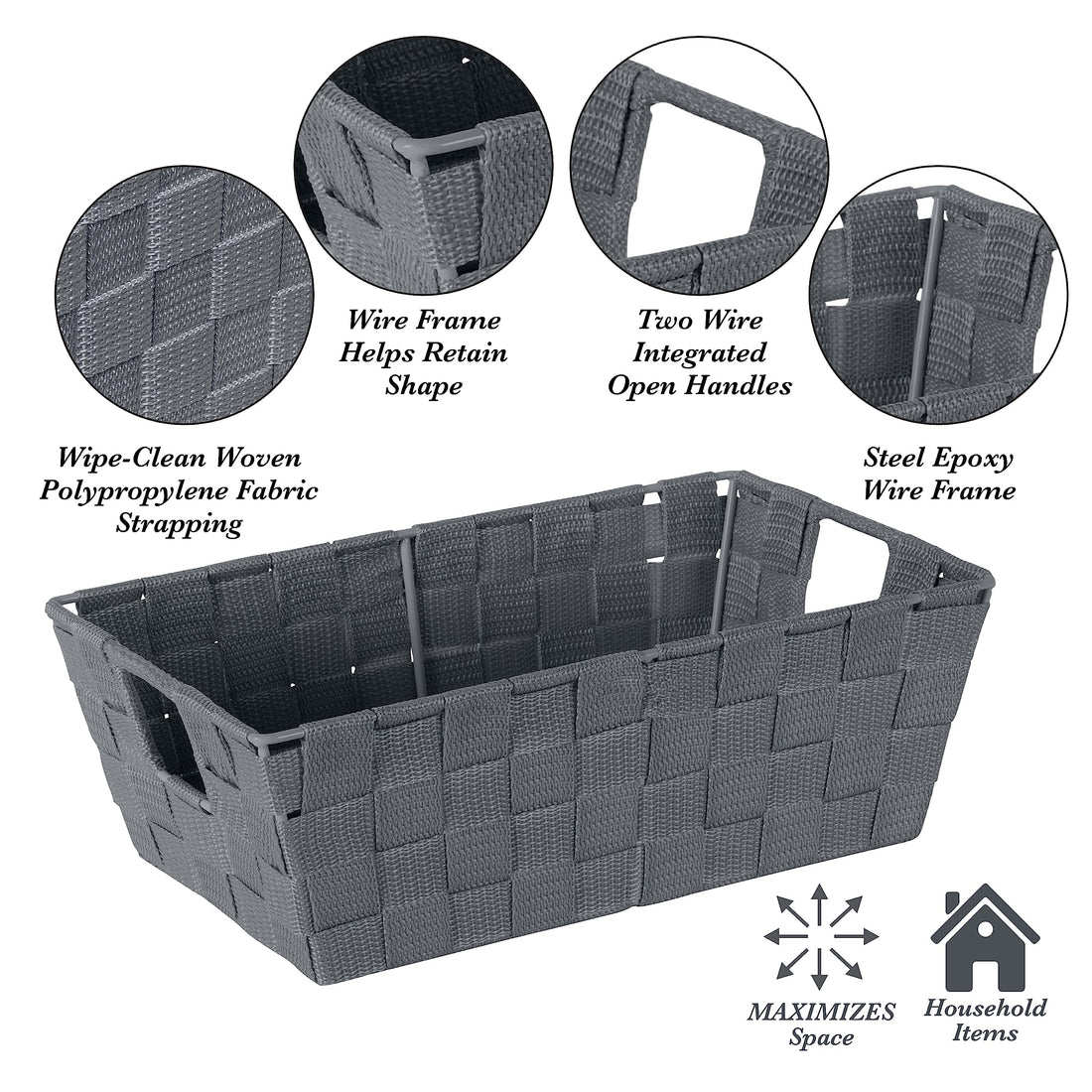 Simplify Small Shelf Woven Strap Tote | Decorative Storage Basket | Built in Handles | Organization | Closet | Bedroom | Bathroom | Nursery | Accessories | Toys | Gifts | 4 Pack | Grey