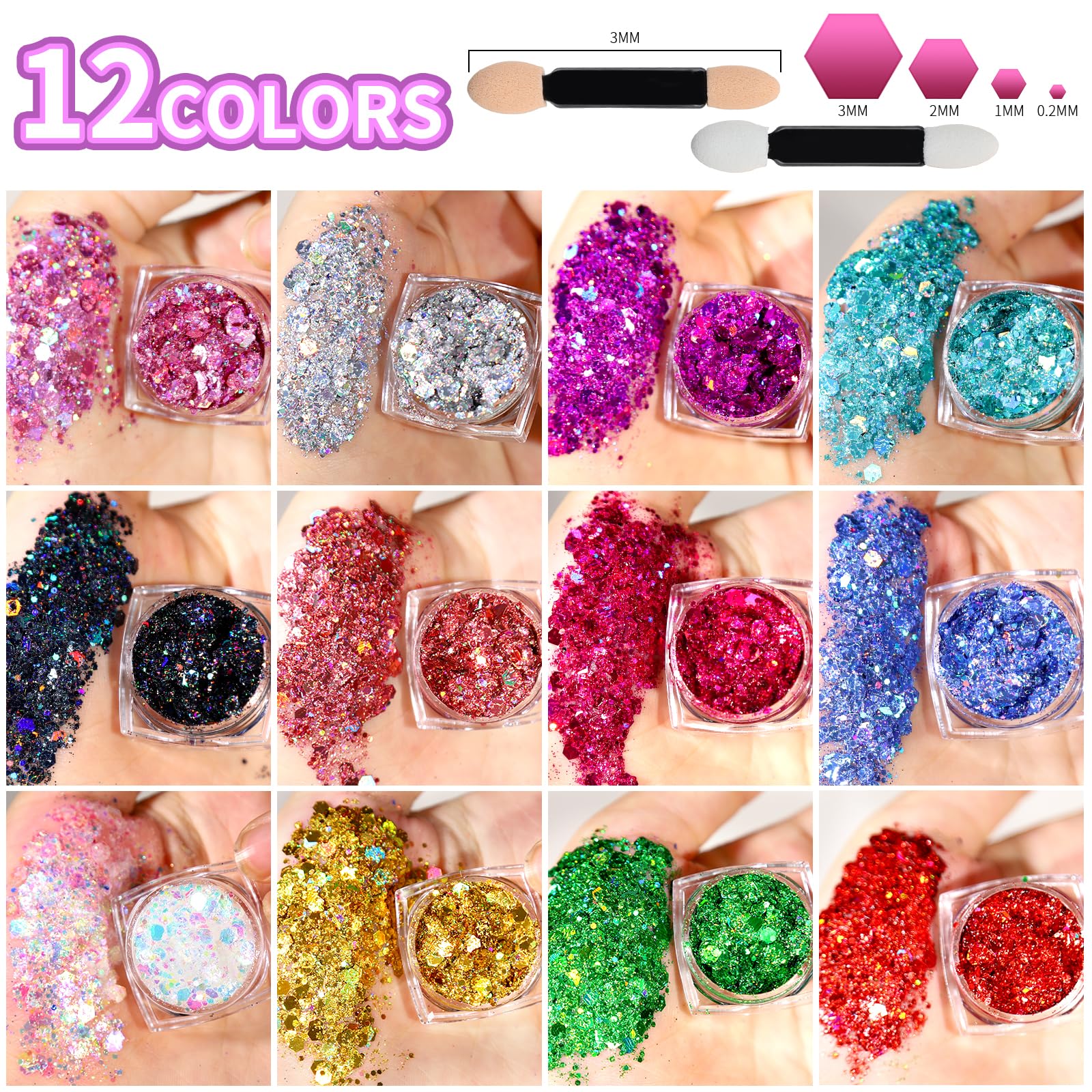 Teenitor Body Glitter Face Glitter Makeup Festival Glitter, 12 Colors Face and Body Glitter Gel, Hair Glitter Gel, Body Makeup