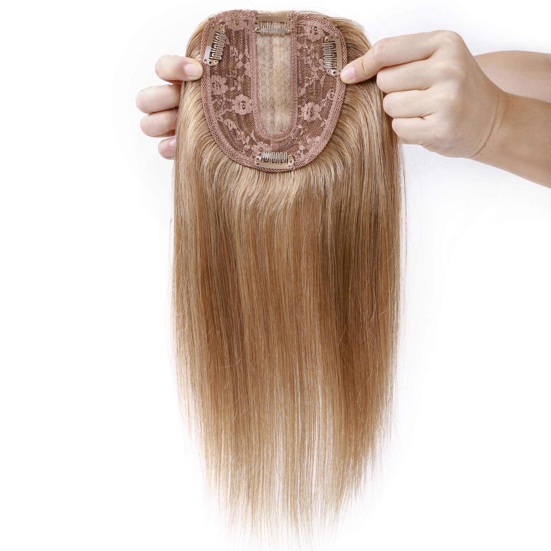 S-noilite 6 Clip in Hair Topper Human Hair 130% Density Silk Base Crown Top Hairpieces Hand Tied Hair Toupee Wiglet For Women with Thinning Hair Add Hair Volume 27g #27 Dark Blonde