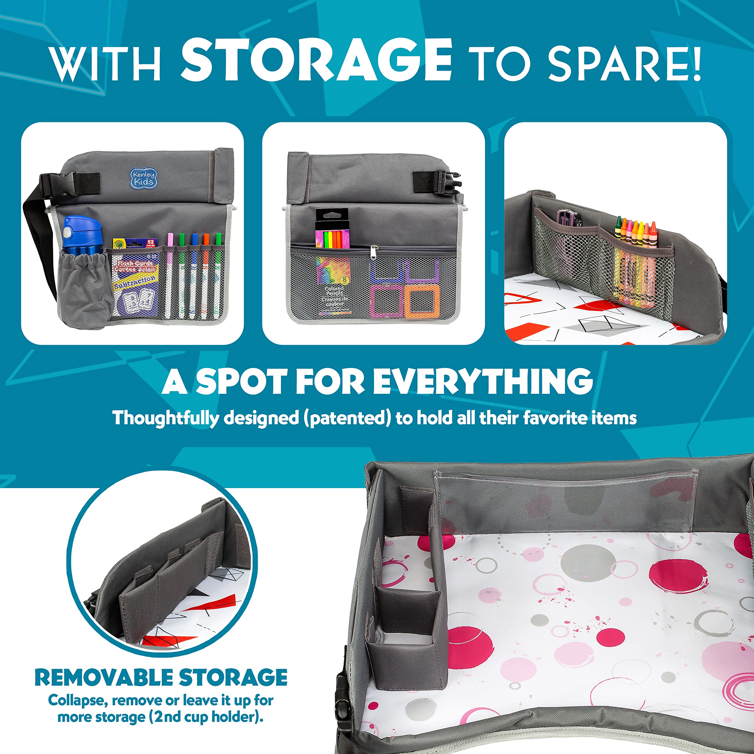 Kenley Kids Travel Tray, Toddler Car Seat Lap Tray, Road Trip Essentials Activity Table (Pink/Gray)