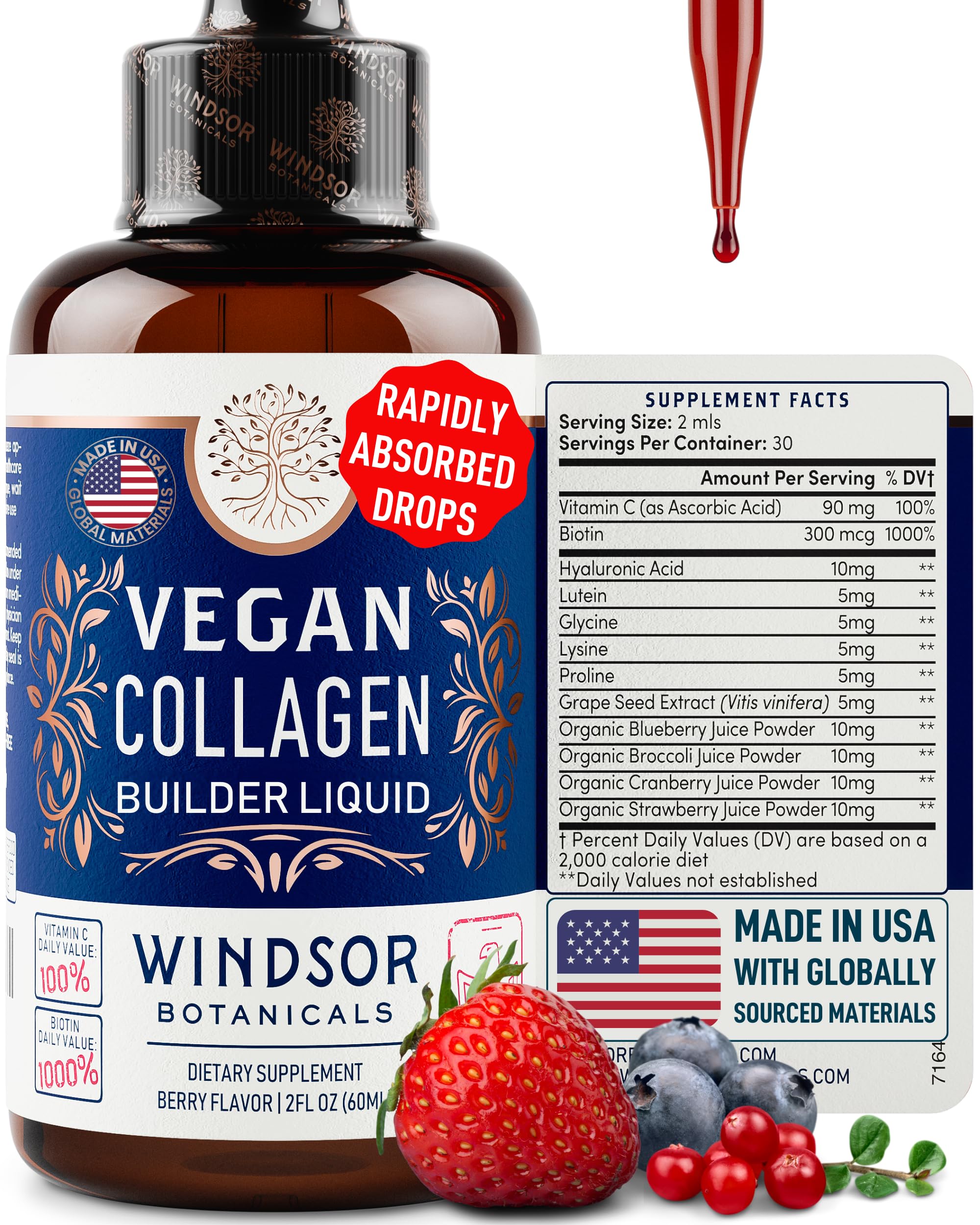 WINDSOR BOTANICALS Vegan Collagen Builder Liquid Supplement - Collagen Booster with Vitamin C, Biotin, Hyaluronic Acid & Amino Acids - Organic Fruit & Vegetable Blend - 60ml, 30 Day
