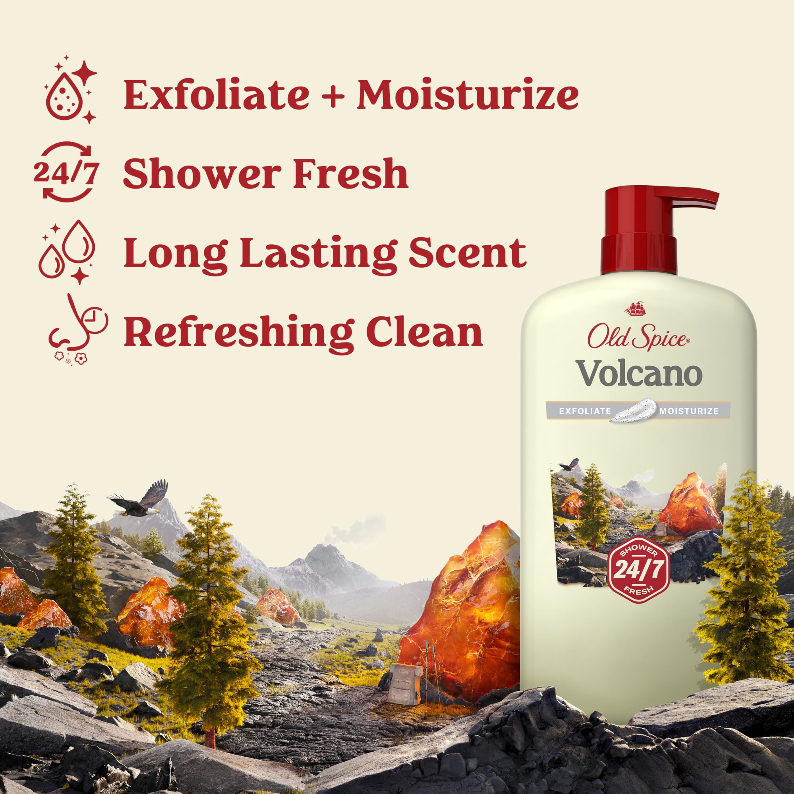 Old Spice Cleansing Body Wash for Men, 24/7 Shower Fresh with Lasting Scent, Exfoliate & Moisture, Gentle on Skin, Vitamin B3, Volcano with Dark Cedar + Amber Scent, 30 oz
