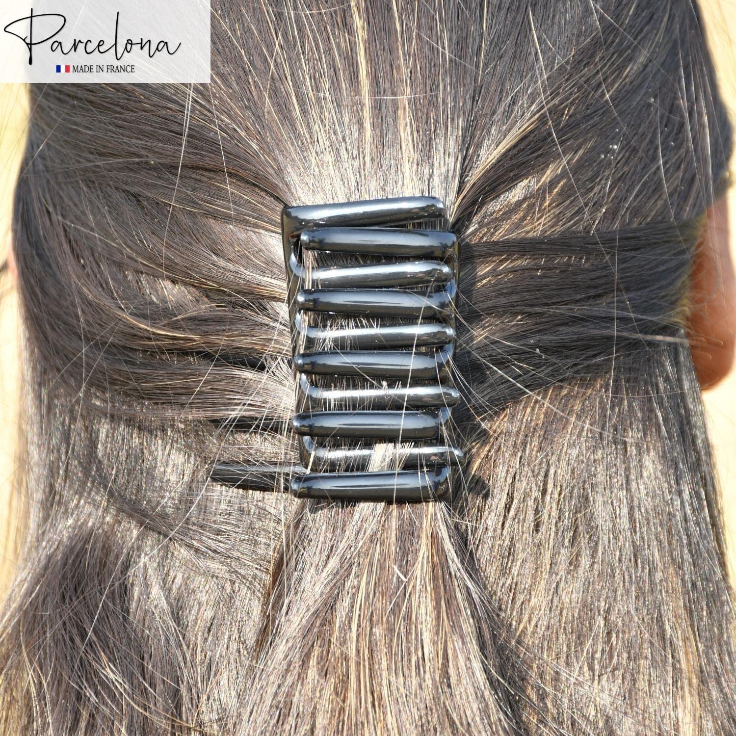 Parcelona French Crab Interlocking Medium Celluloid Glossy Black Hair Clip Side Comb 2 1/4 Inches