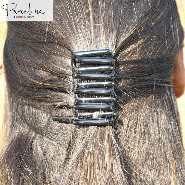 Parcelona French Crab Interlocking Medium Celluloid Glossy Black Hair Clip Side Comb 2 1/4 Inches