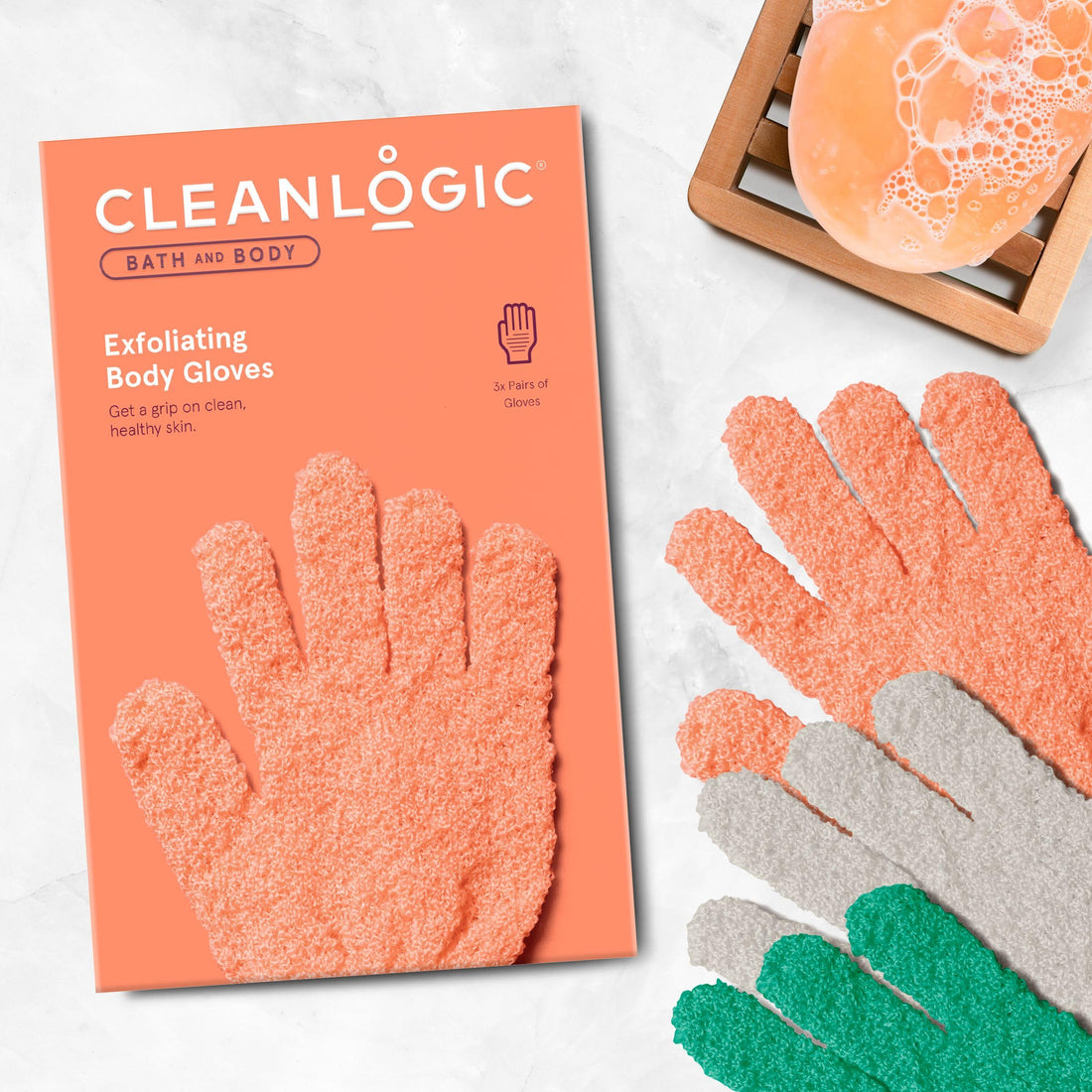 Cleanlogic Bath and Body Exfoliating Stretch Bath/Shower Gloves Assorted Colors, 3 Pair - 9 Count