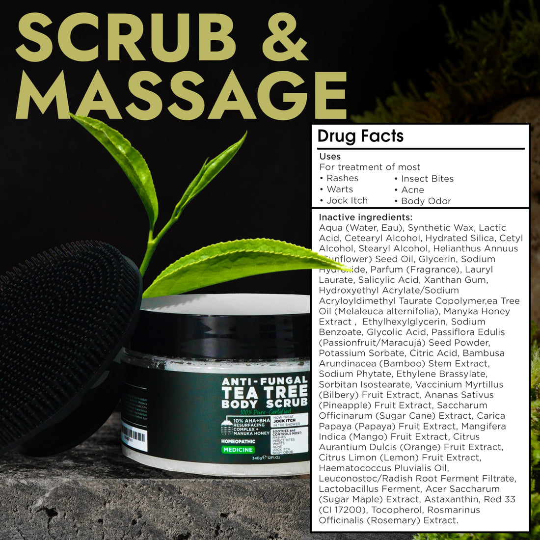 Body Scrub | Tea Tree Oil Scrub with Manuka Honey and Salicylic Acid | Fights Jock Itch, Acne, Rashes & Body Odor | Anti Fungal Natural Body Exfoliator for Men and Women with Free Scrubber Brush