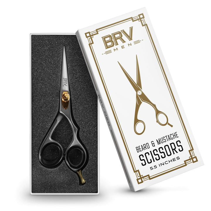 BRV MEN Professional Mustache & Beard Trimming Scissors - 5.5 | High Carbon Stainless Steel & Hammer Forged Mustache Scissors | Razor Sharp Facial Hair Trimming Shears (RIGHT HANDED - Silver)
