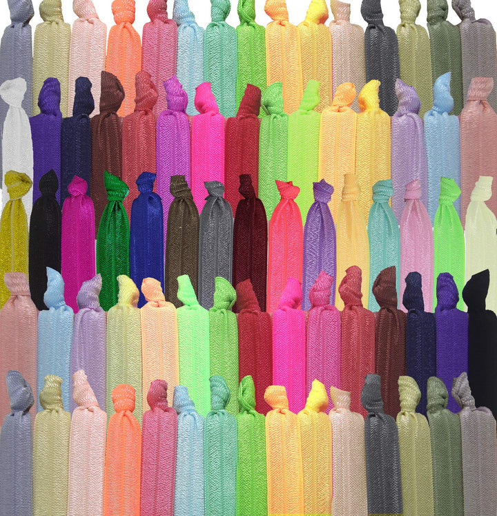 Elastic Hair Ties, No Crease Ouchless Ribbon Ponytail Holders, Bows Rubber Yoga Twist Hair Bands Accessories, Hand Knotted Fold Over Printed Patterns and Solid Colors (100 pack)