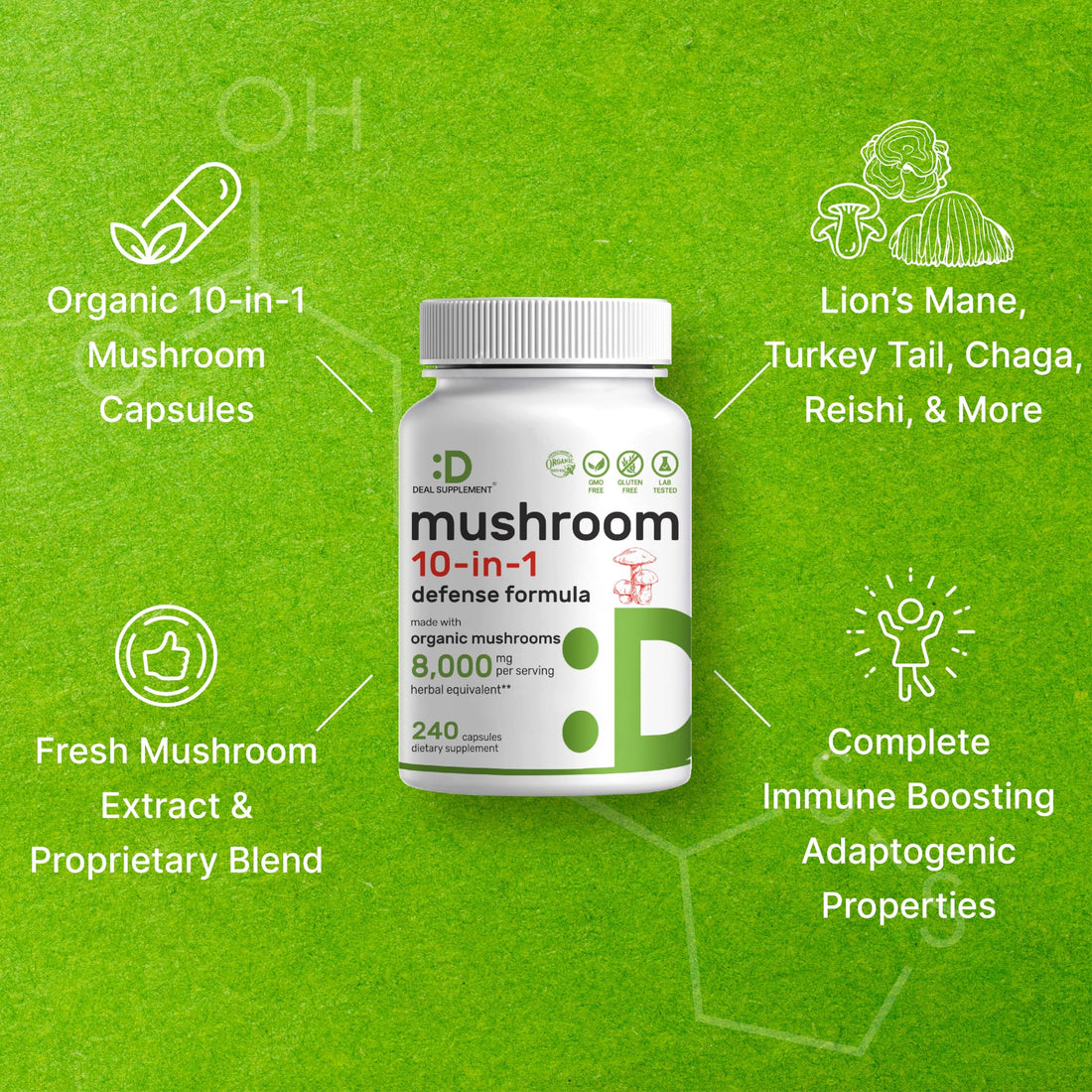 Organic 10-in-1 Mushroom Supplement 8,000mg Per Serving, 240 Capsules – Lions Mane, Turkey Tail, Reishi, Cordyceps & More Mushroom Complex – Immune, Energy & Nootropic Brain Support – Non-GMO