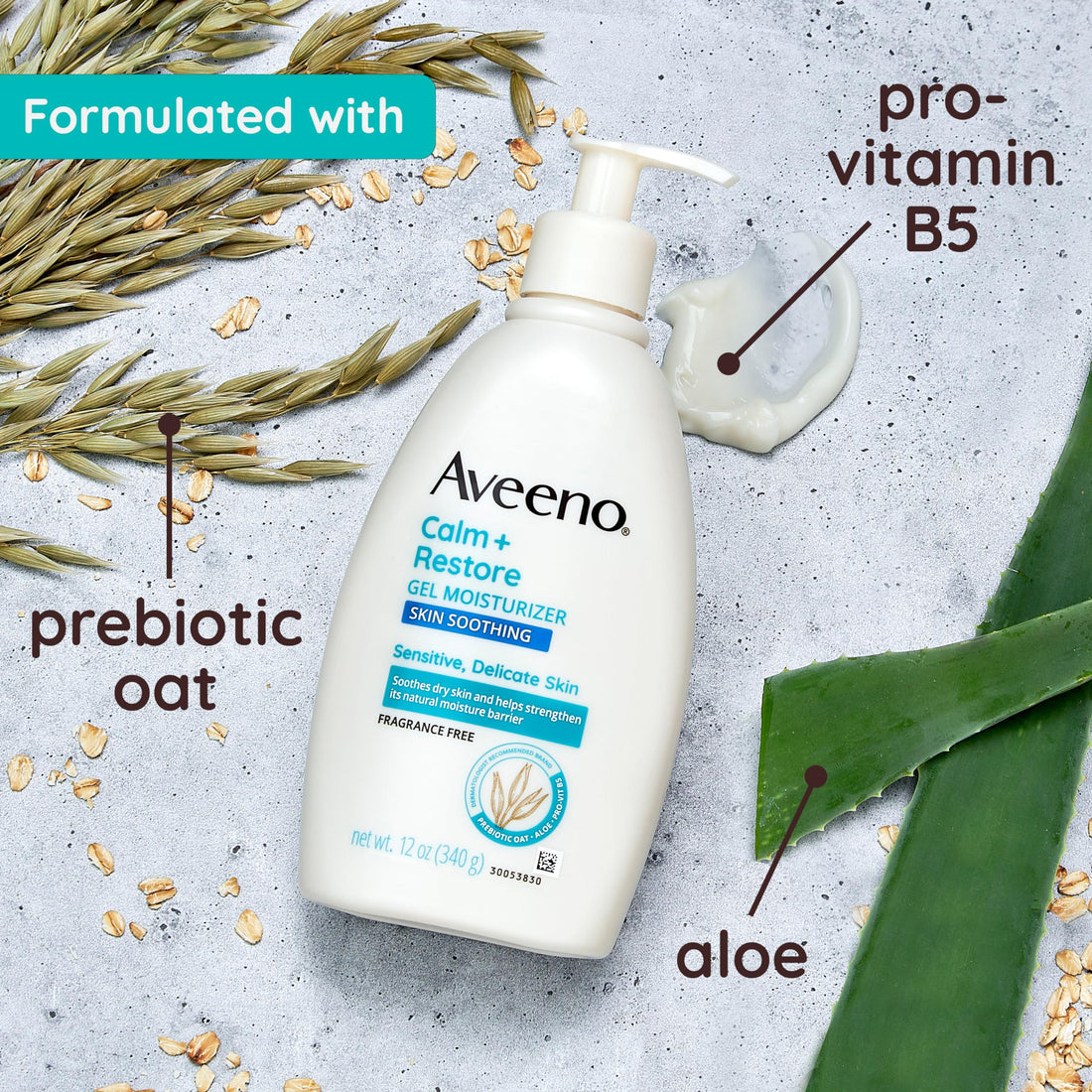 Aveeno Calm + Restore Body Moisturizer Gel for Sensitive Skin, Lightweight Moisturizer to Help Heal Dry Skin with Aloe Vera, Prebiotic Oat and Pro-Vitamin B5, Fragrance Free, 12 OZ