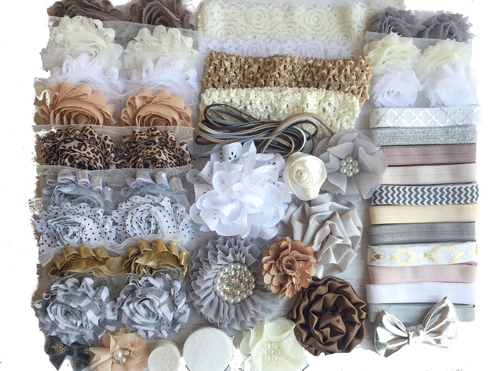 Bowtique Emilee Hairband - Neutrals Headband Kit, Makes Over 30 Headbands, Baby Shower Headband Station, DIY Baby Headband Kit