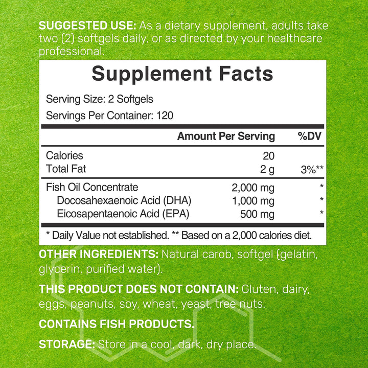 DHA Supplements | 240 Softgels, Burpless, Lemon Flavor, DHA 1000mg + EPA 500mg, Wild Caught Fish