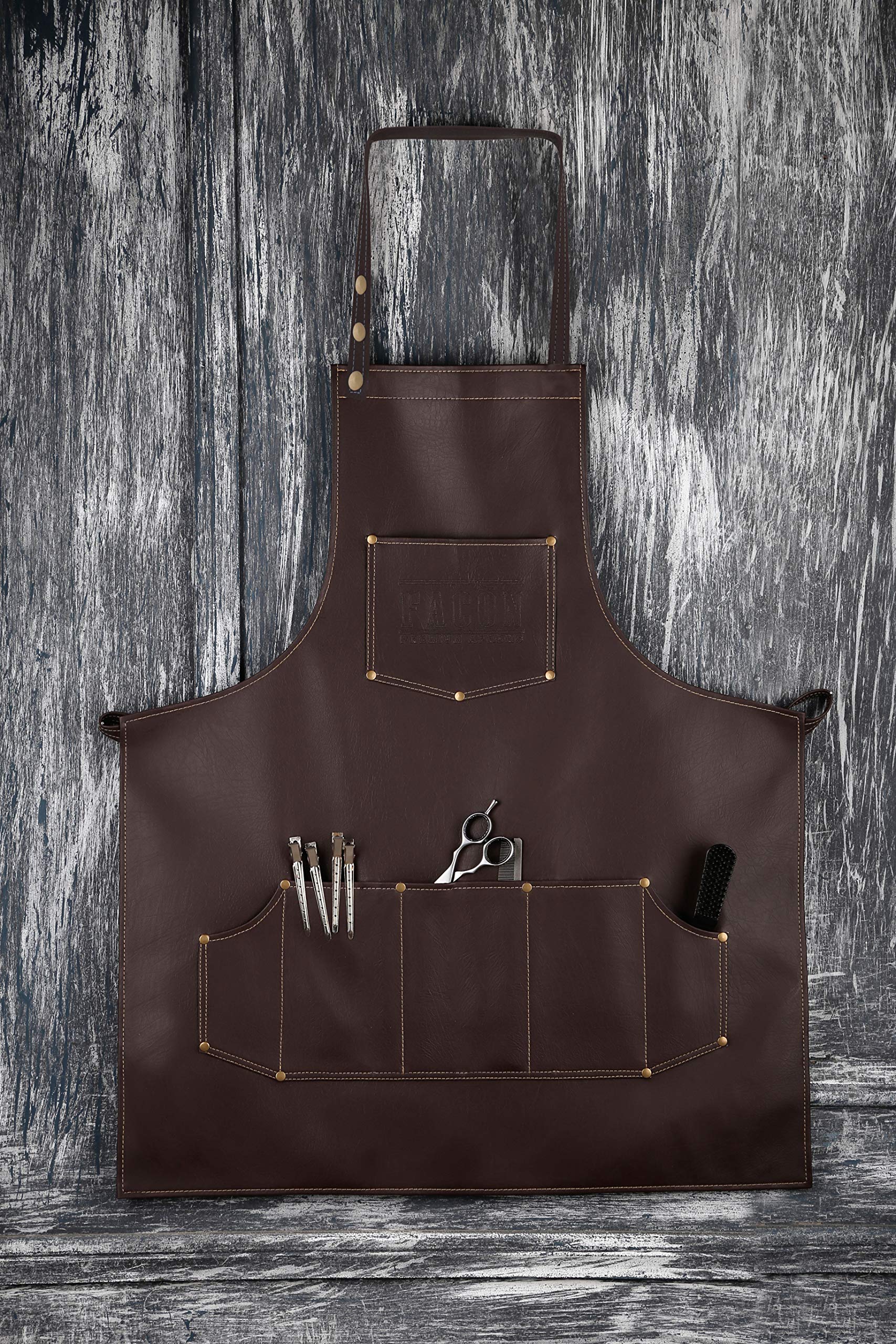 FacÃƒ³n Professional Leather Hair Cutting Hairdressing Barber Apron Cape for Salon Hairstylist - Multi-use, Adjustable with 6 pockets - Heavy Duty Premium Quality - Limited Edition - 28 x 24 (Brown)