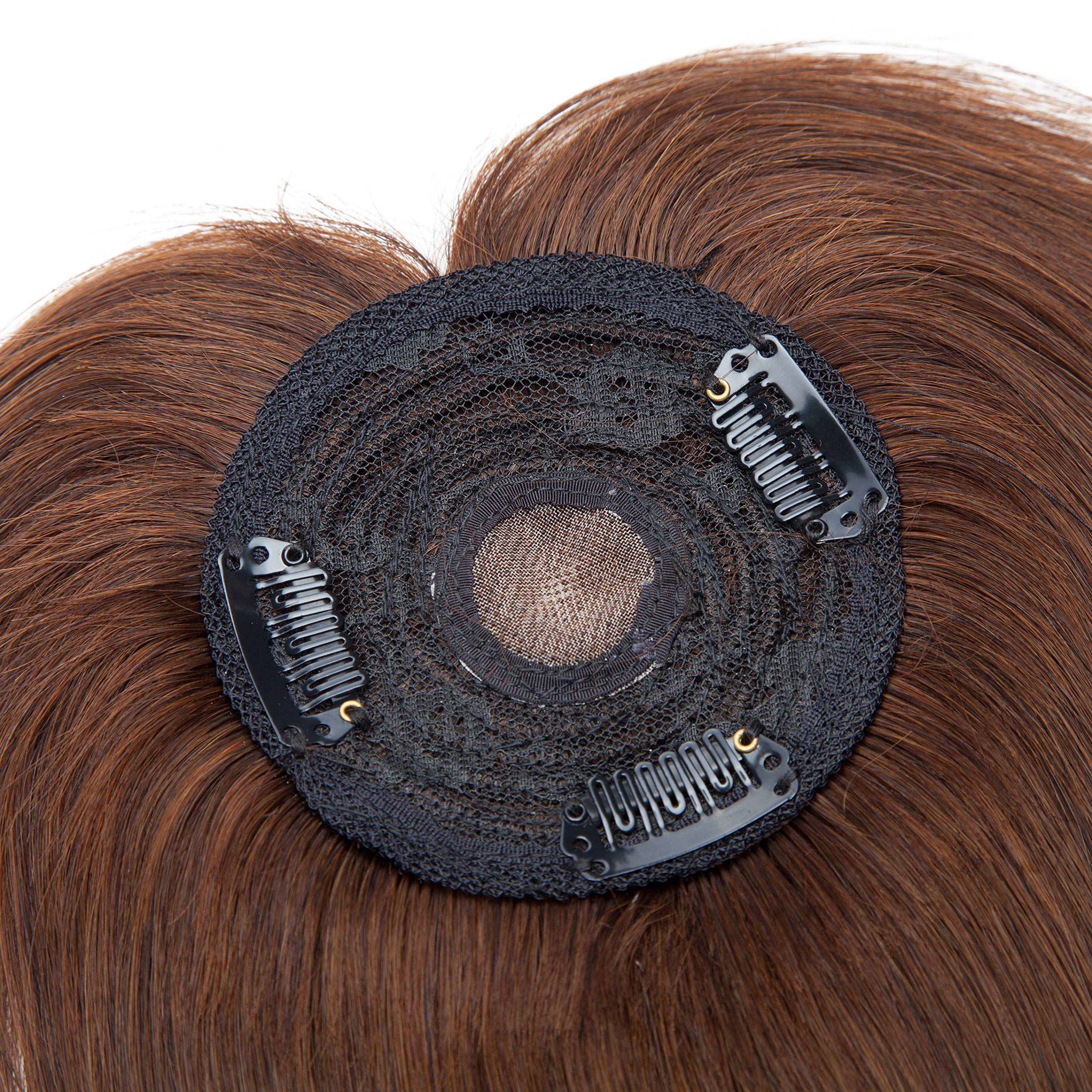 S-noilite Clip In Topper with Bangs 100% Real Human Hair Mono Base Crown Toppers with Wispy Fringe Medium Brown Top Hairpiece For Women with Thinning Hair Cover Grey Hair 10Inch 32g #4